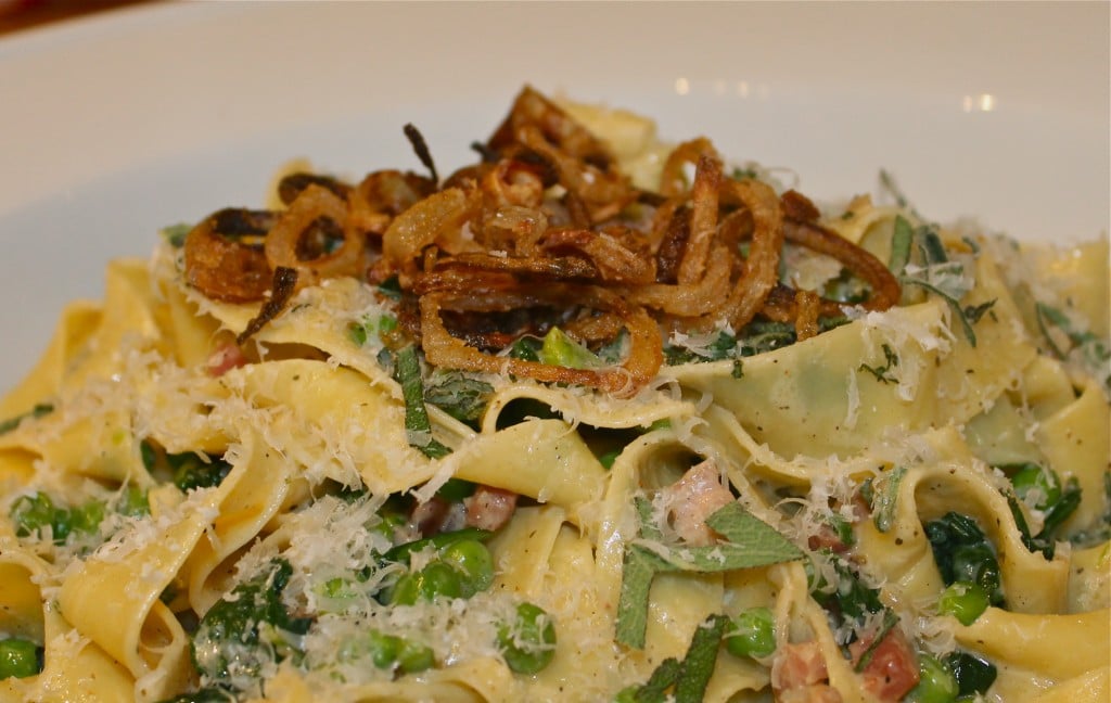 Creamy Pappardelle with Pancetta, Peas, Spinach and Shallot Crisps