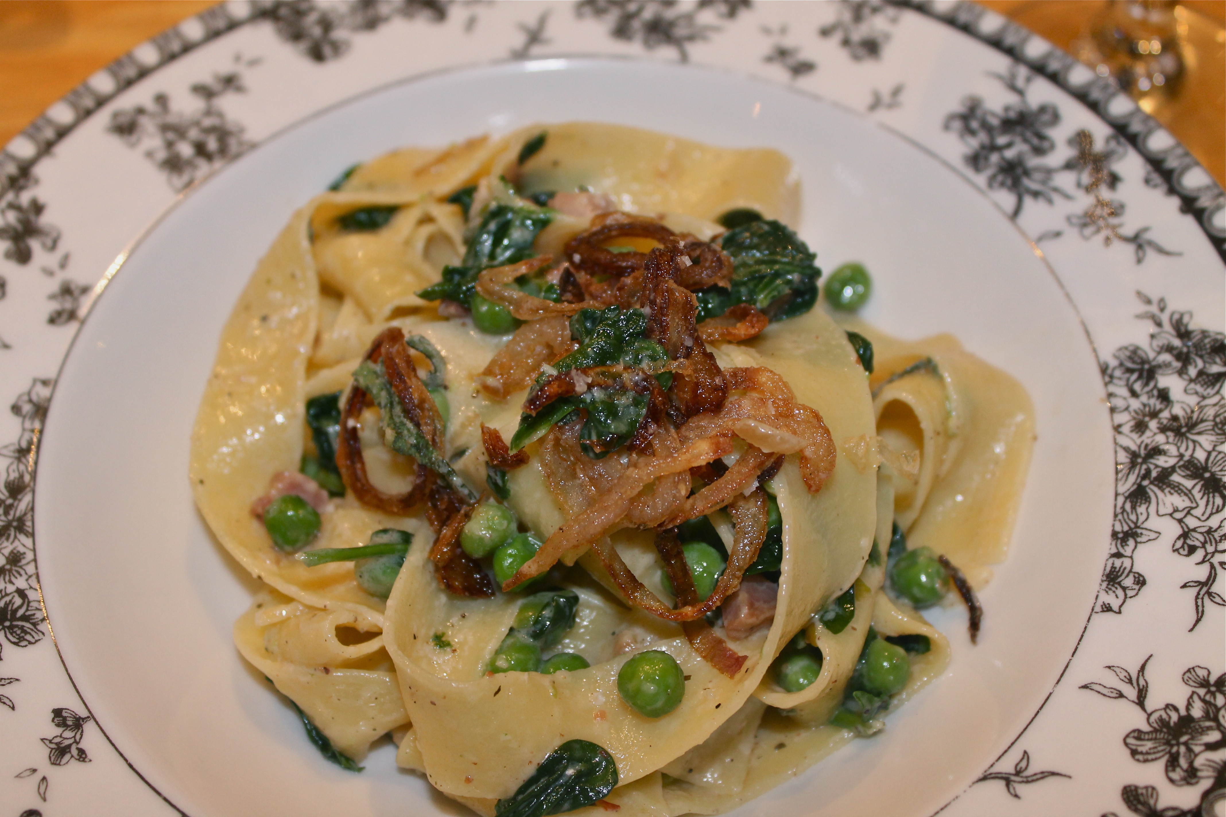 Creamy Pappardelle with Pancetta, Peas, Spinach and Shallot Crisps