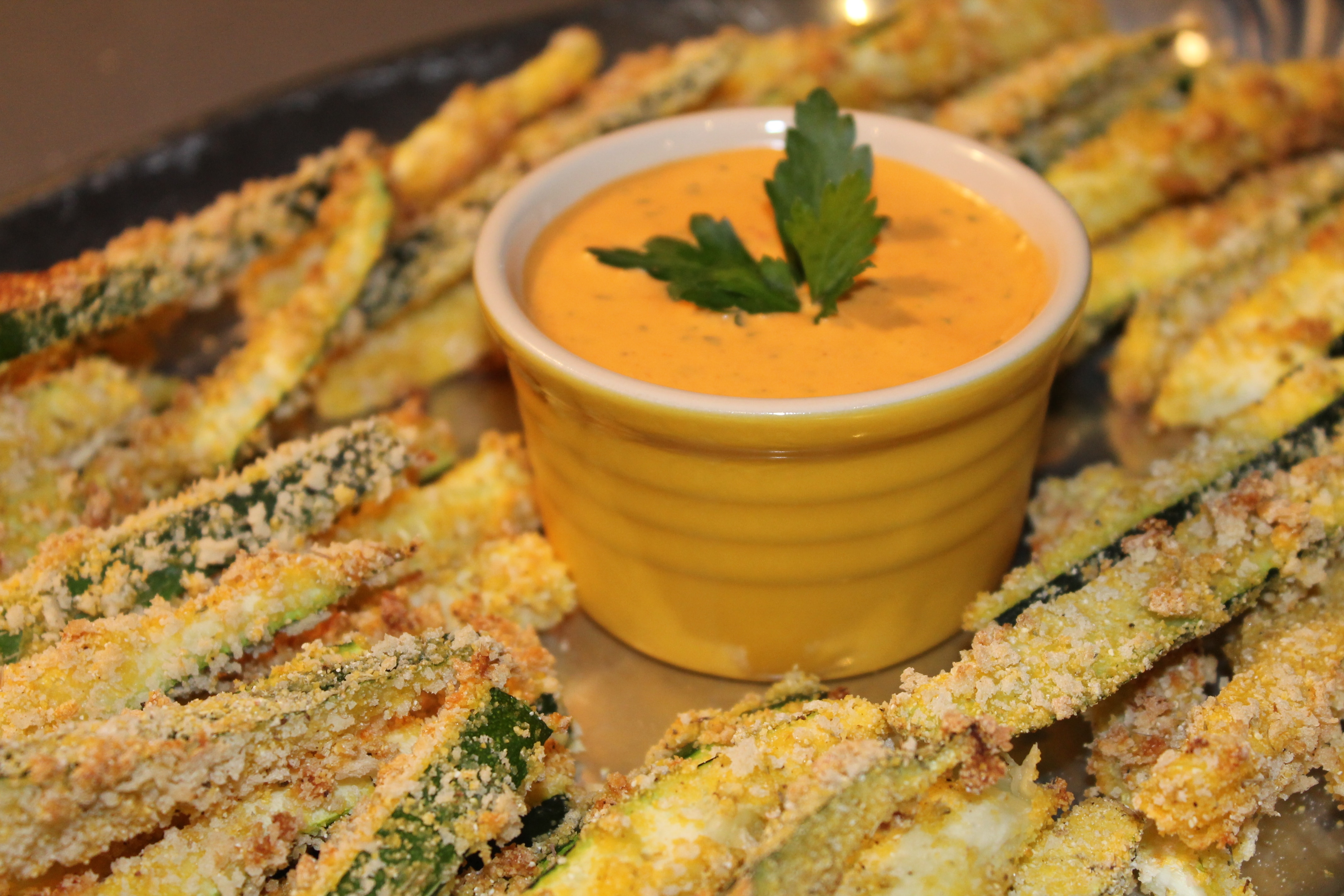 Crispy Zucchini Fries with Roasted Red Pepper Garlic "Aioli" Spices