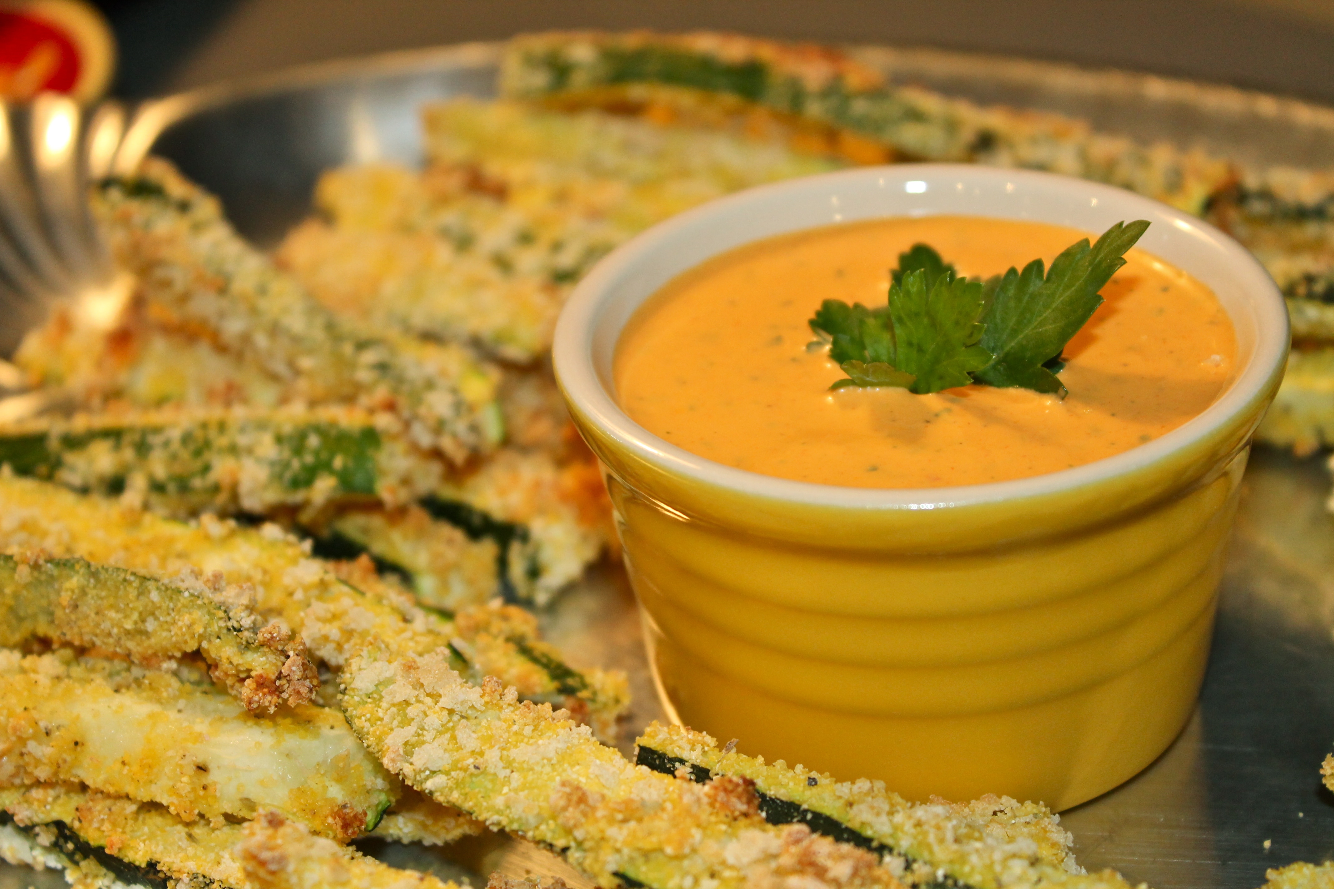 Crispy Zucchini Fries with Roasted Red Pepper Garlic "Aioli" Spices