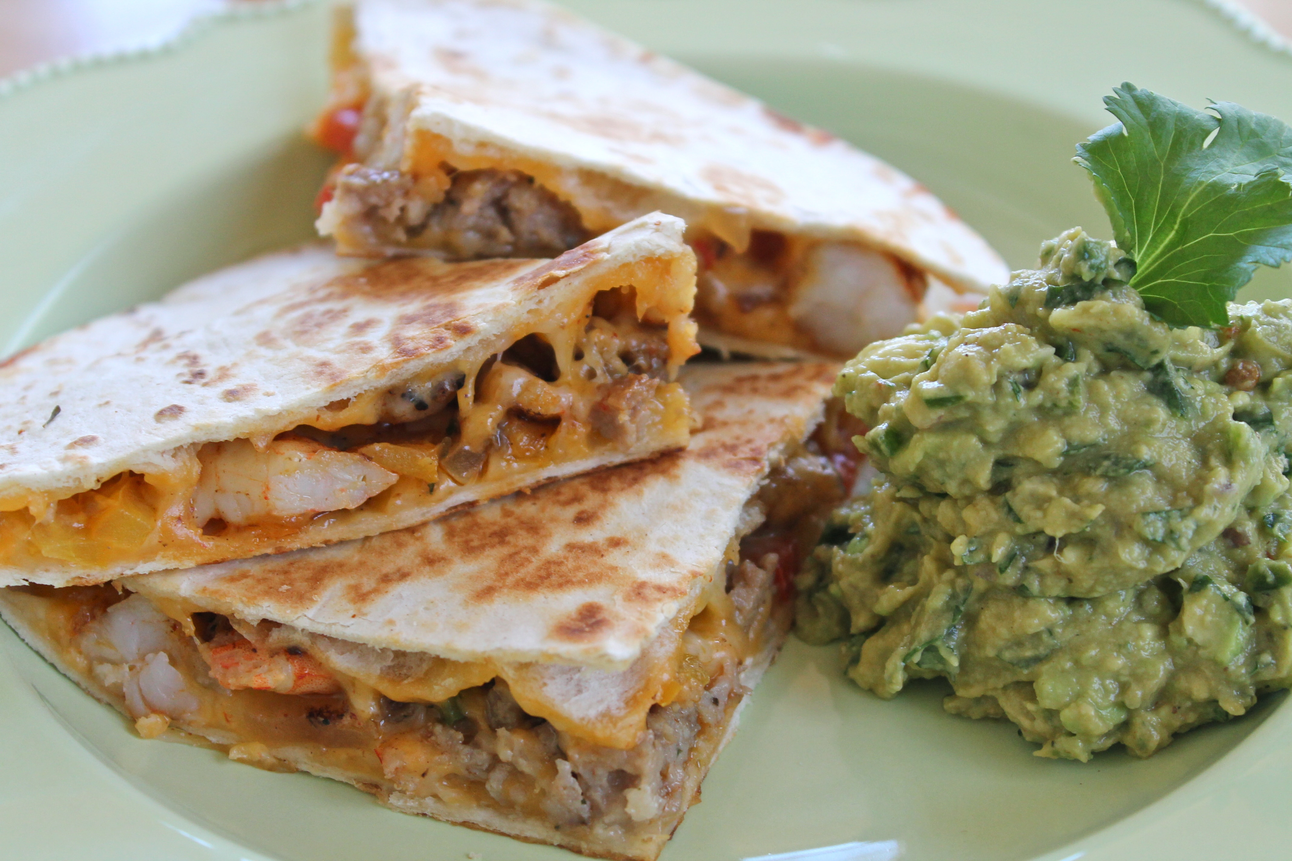 Shrimp Andouille Quesadillas with Chipotle Guacamole Spices in My DNA