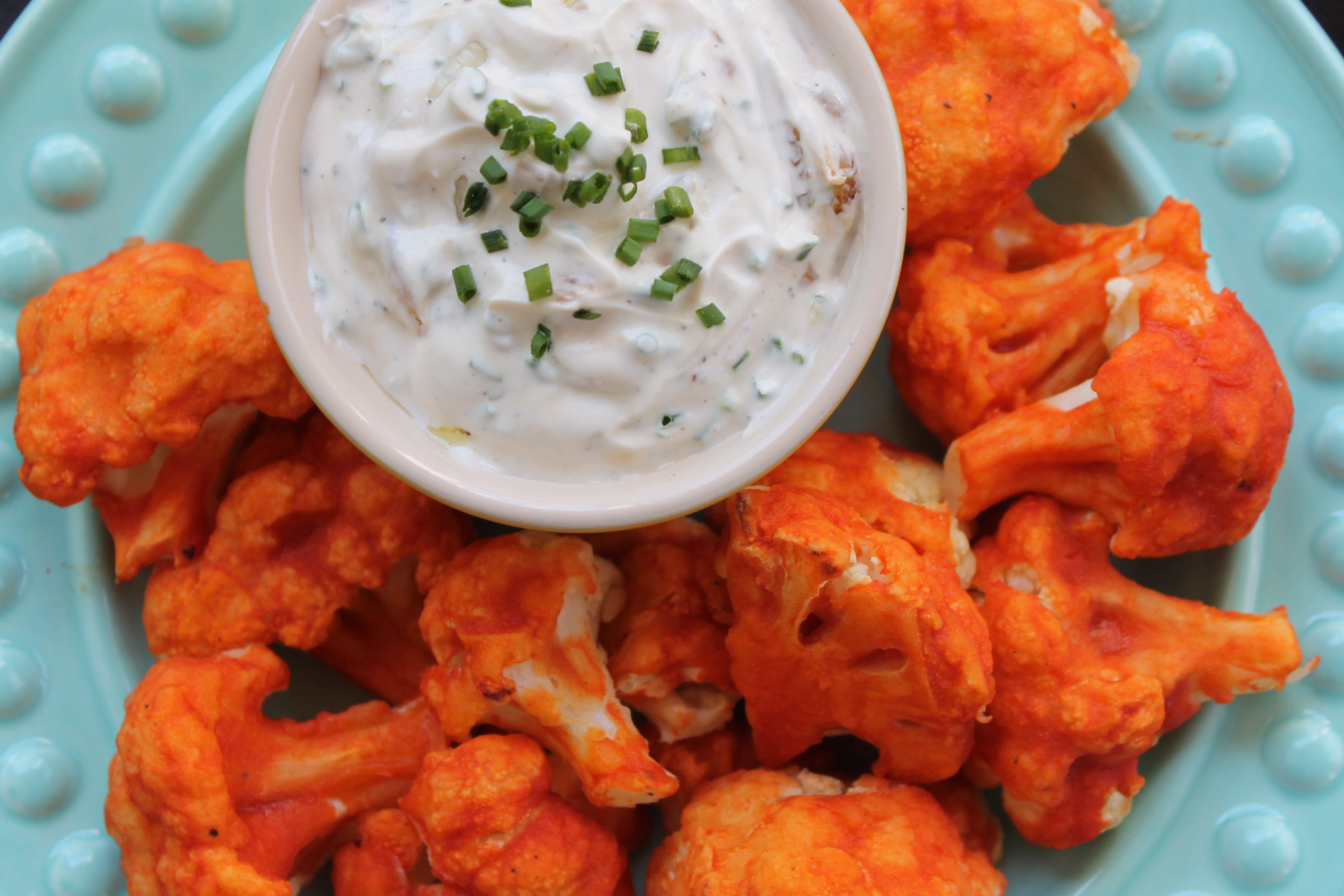 Buffalo Chicken Tenders + Buffalo Cauliflower with Caramelized Onion