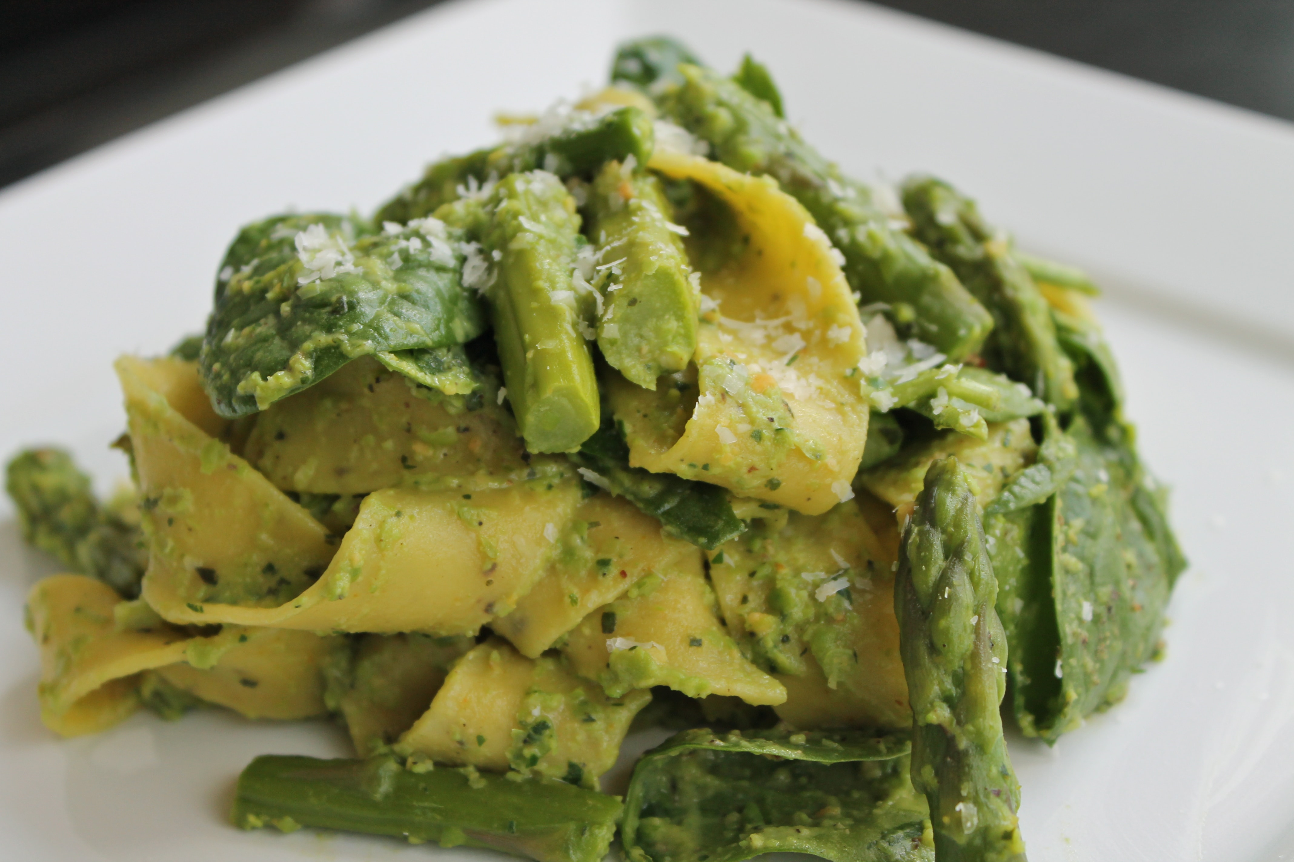 Pappardelle with Pistachio Pea Pesto, Asparagus, and Spinach Spices