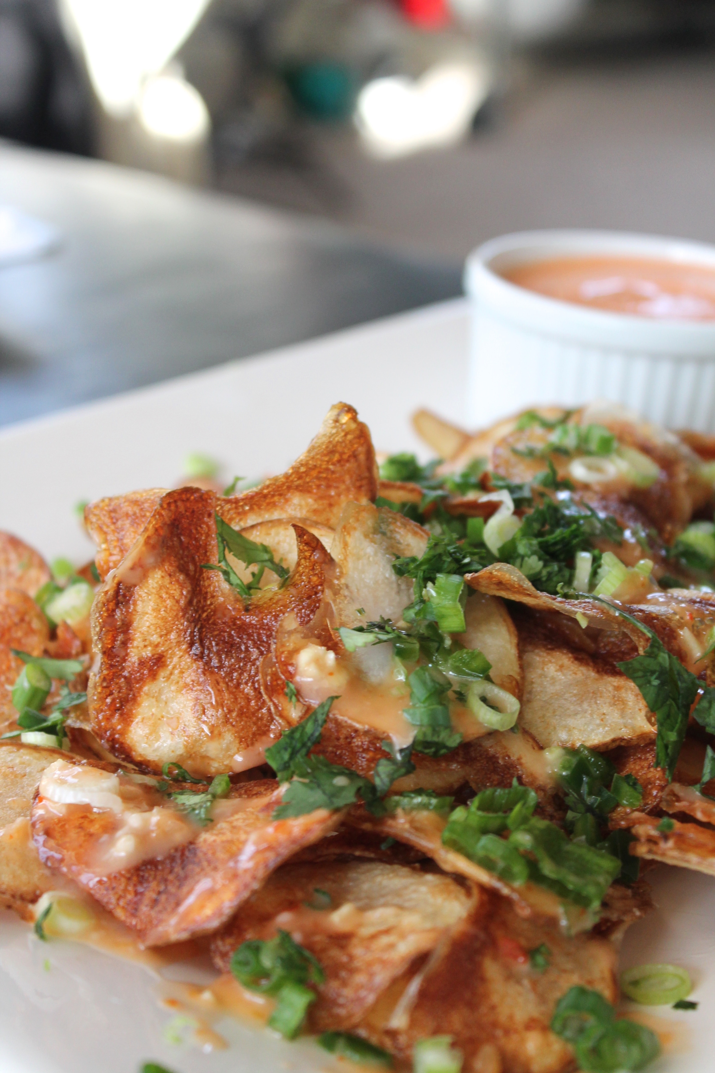 Homemade Thai Chili Garlic Chips with Creamy Sriracha Dip Spices in