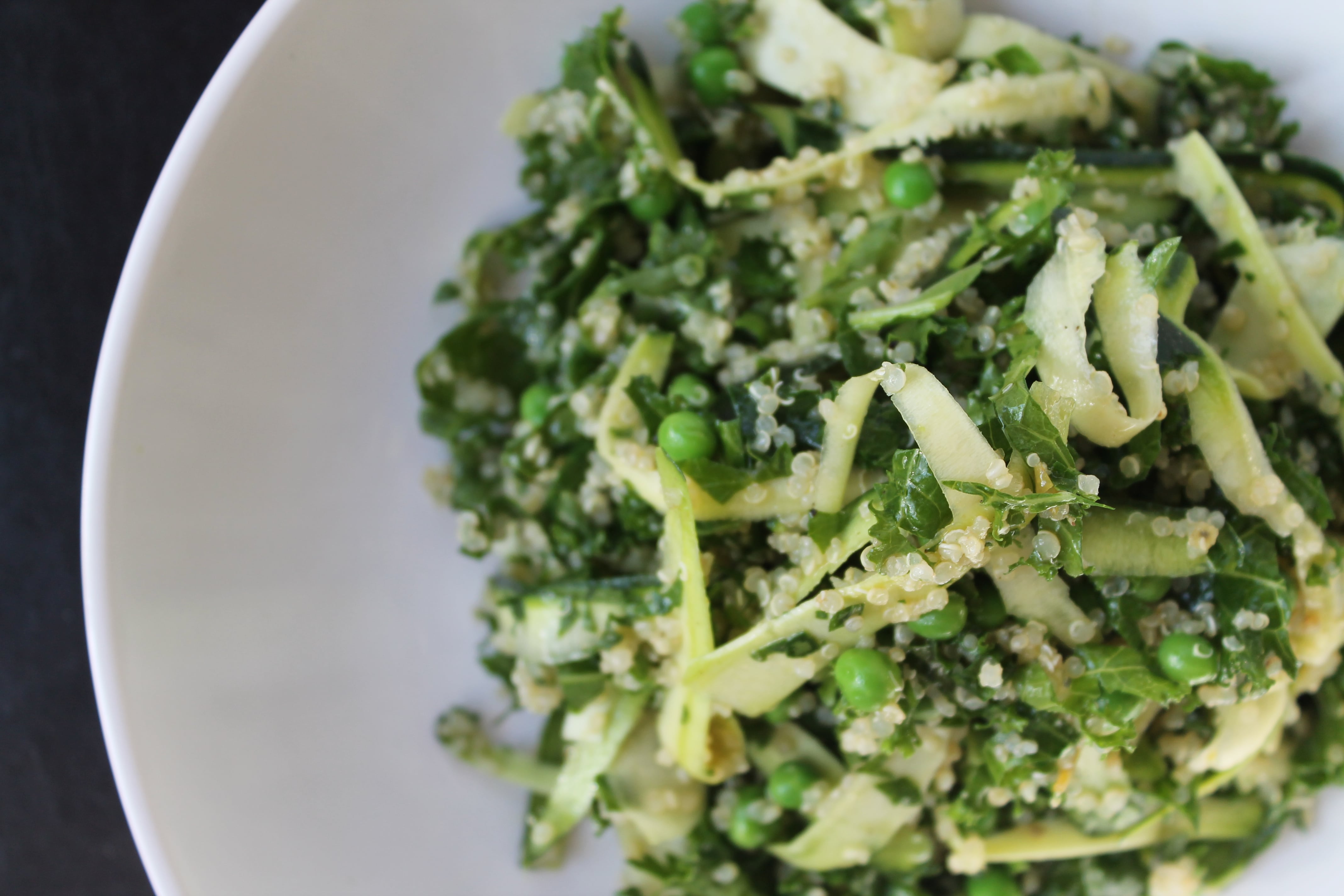 Kale Shaved Zucchini Quinoa Salad with Green Harissa Vinaigrette