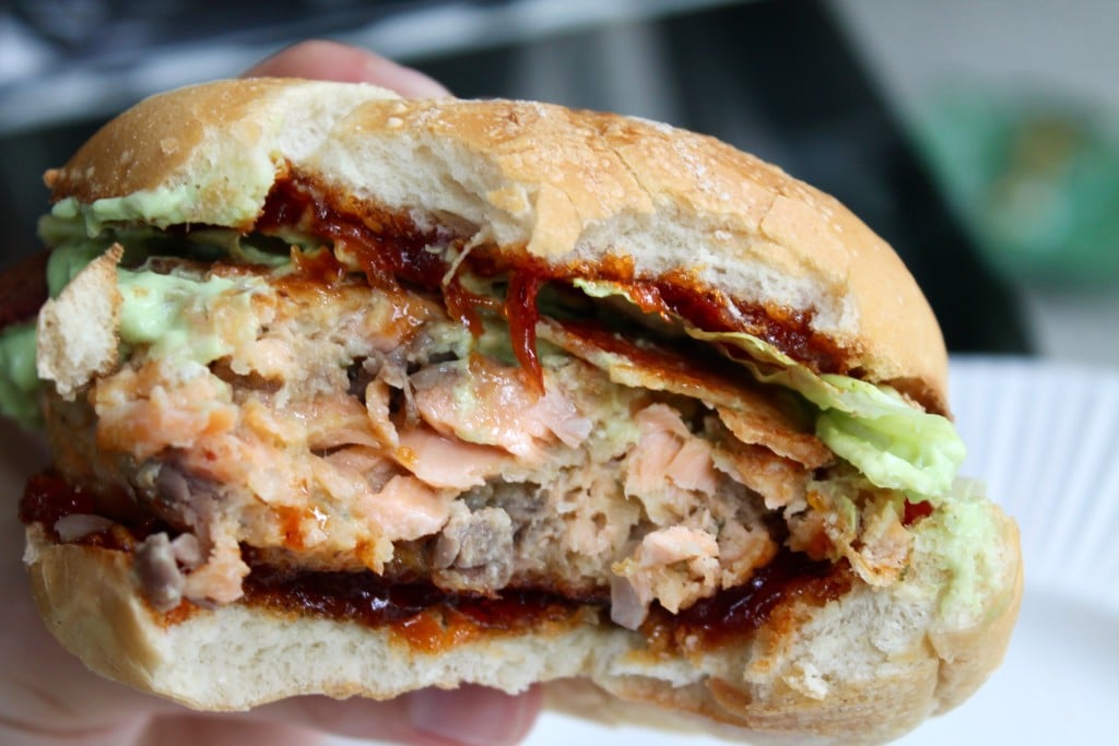 "BLT" Salmon Burgers with Bacon + Spicy Tomato Jam + Avocado Cream