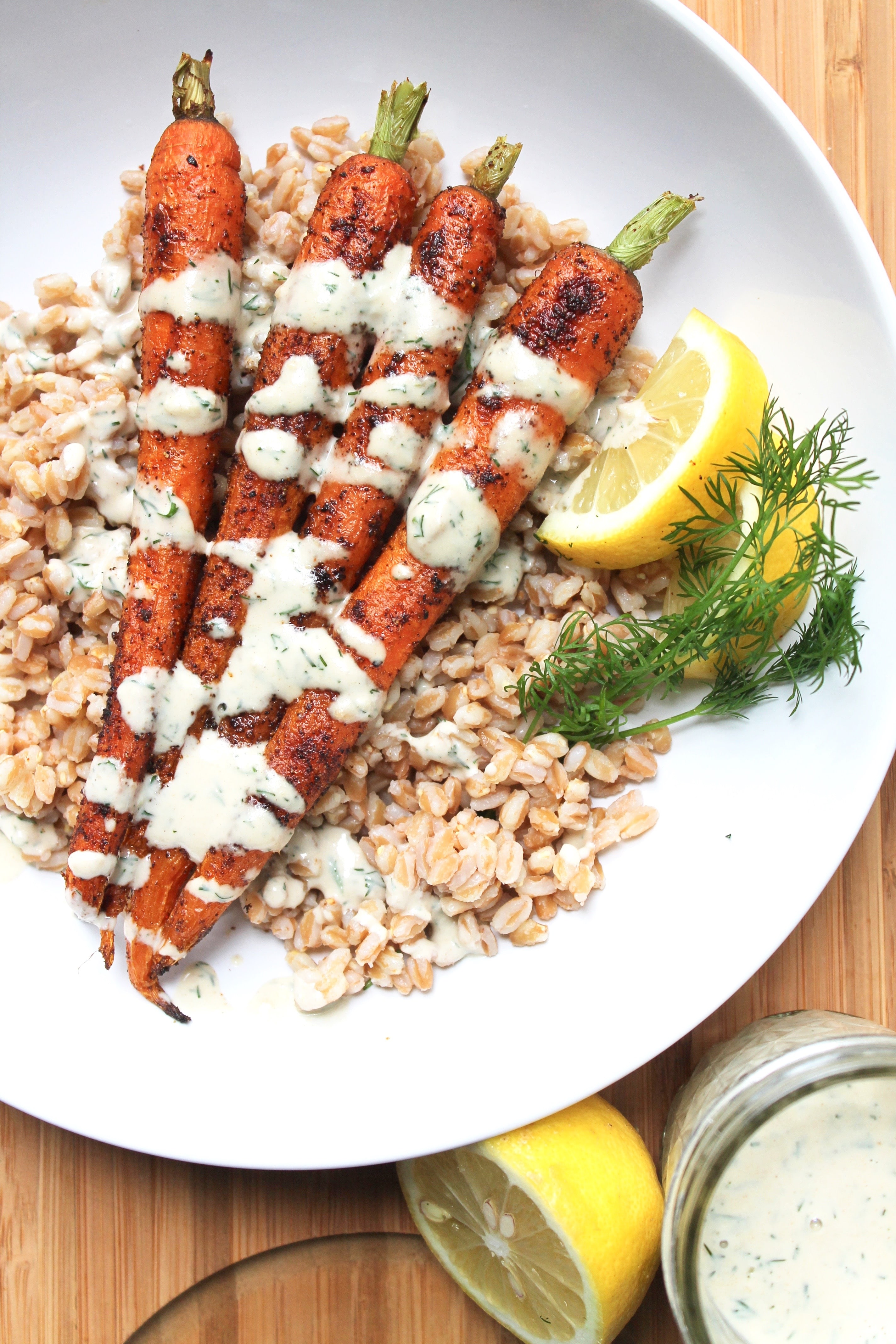 Farro with Cumin Chili Roasted Carrots + Dill Garlic Tahini Sauce