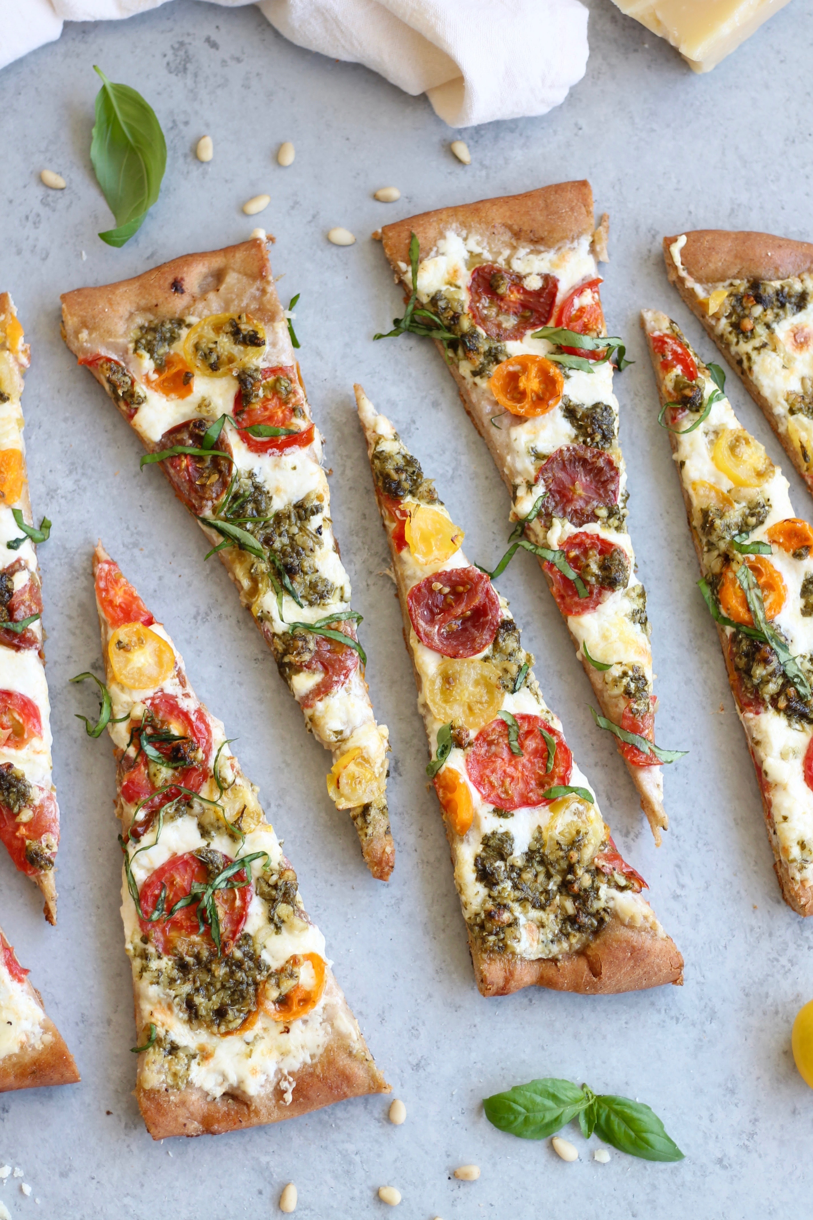 Baby Heirloom Tomato Burrata Pizza with Basil Pesto Spices in My DNA