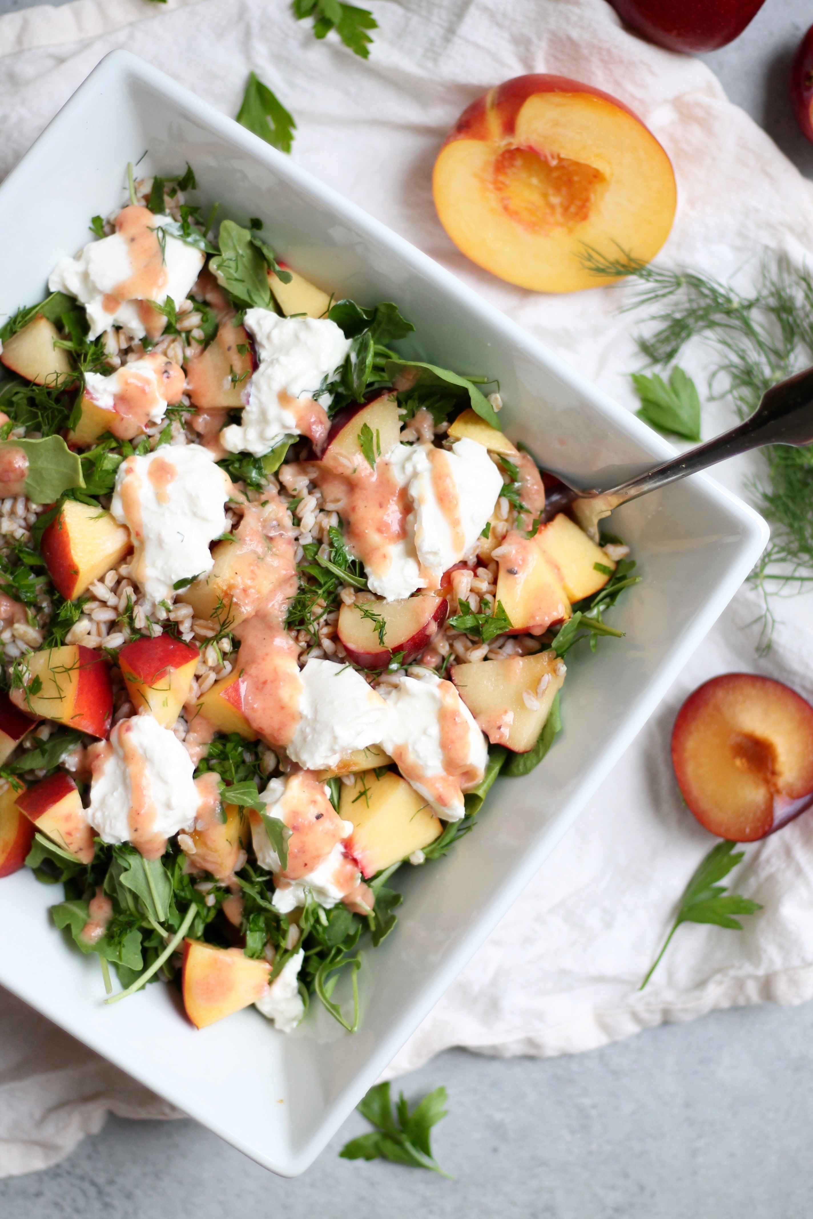 Peach and Plum Burrata Salad with Farro and Herbs Spices in My DNA