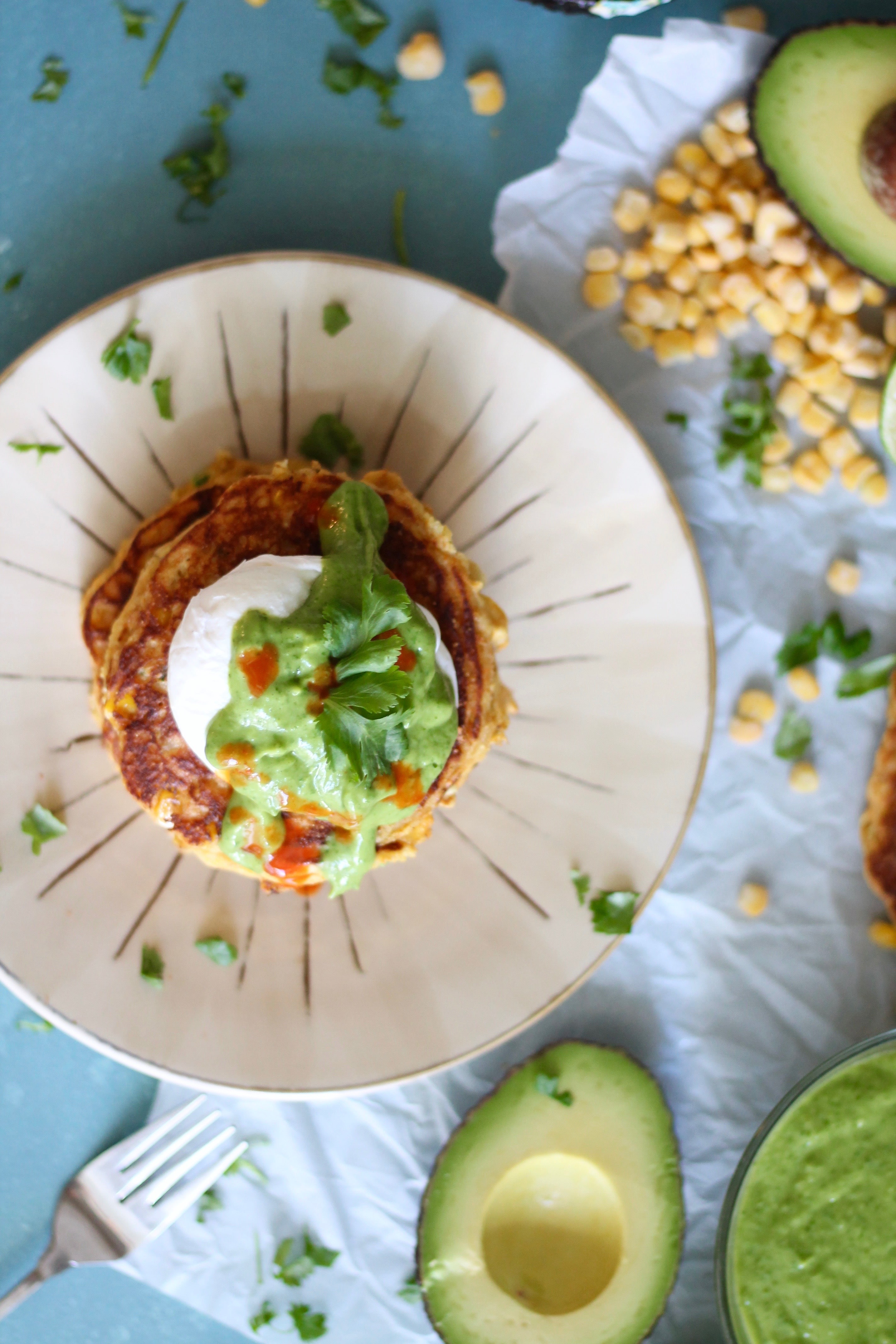 Jalapeño Corn Cakes with Poached Eggs and Avocado Cilantro Sauce