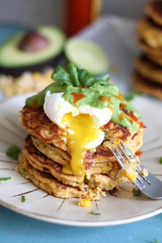 Jalapeño Corn Cakes with Poached Eggs and Avocado Cilantro Sauce