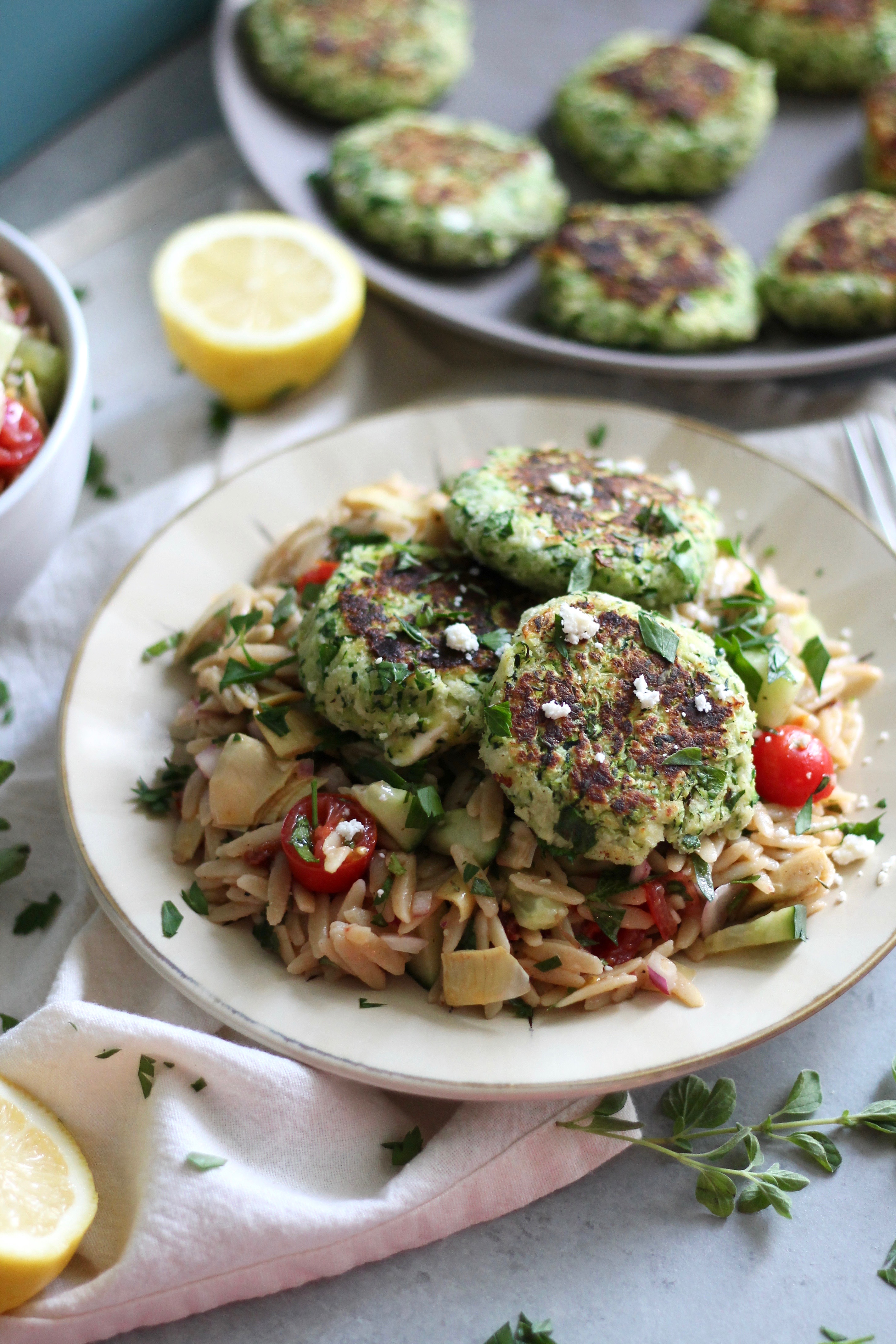Feta Zucchini Cakes with Greek Orzo Salad - Spices in My DNA
