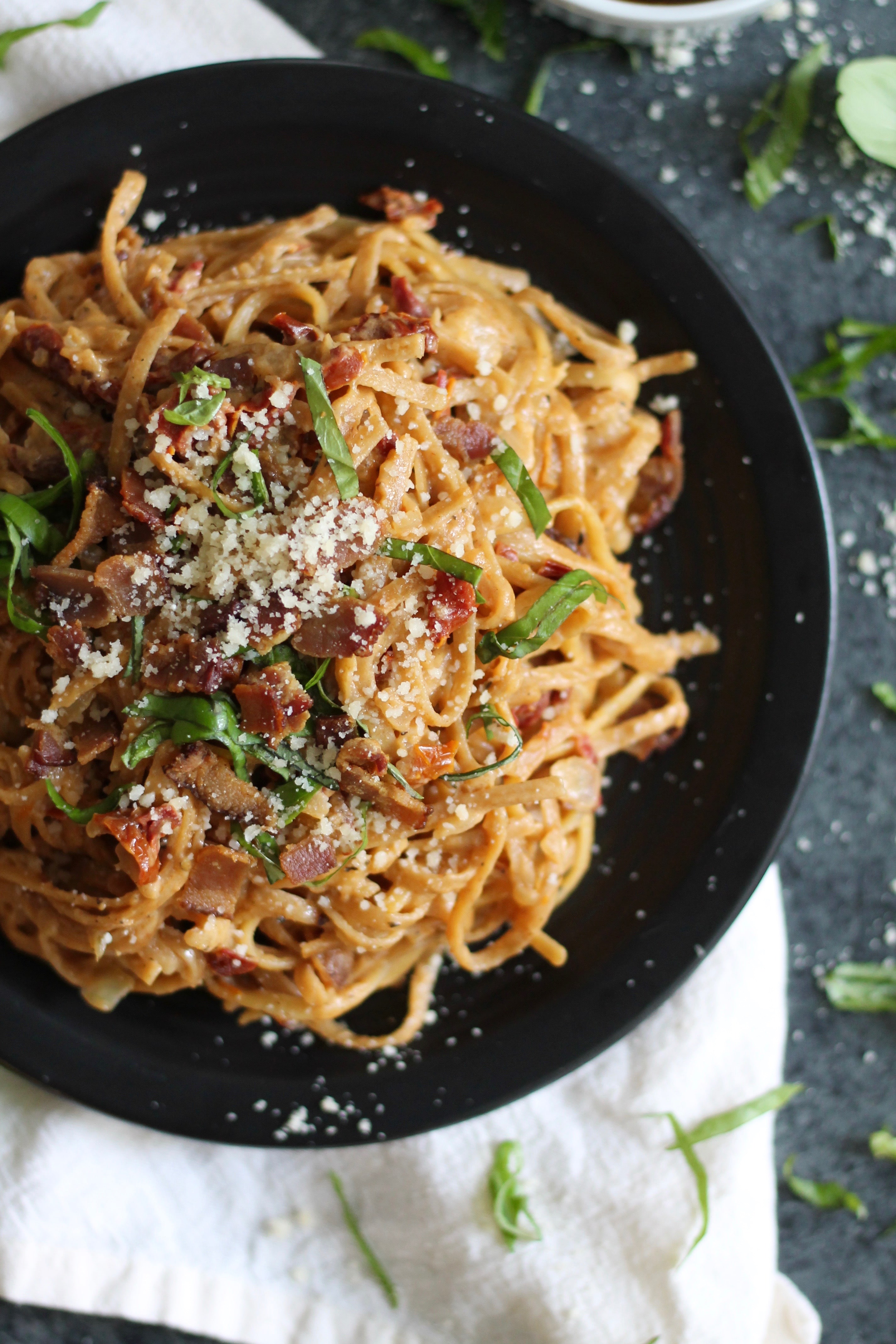 One Pot Lightened Up Creamy Sundried Tomato and Bacon Pasta Spices in