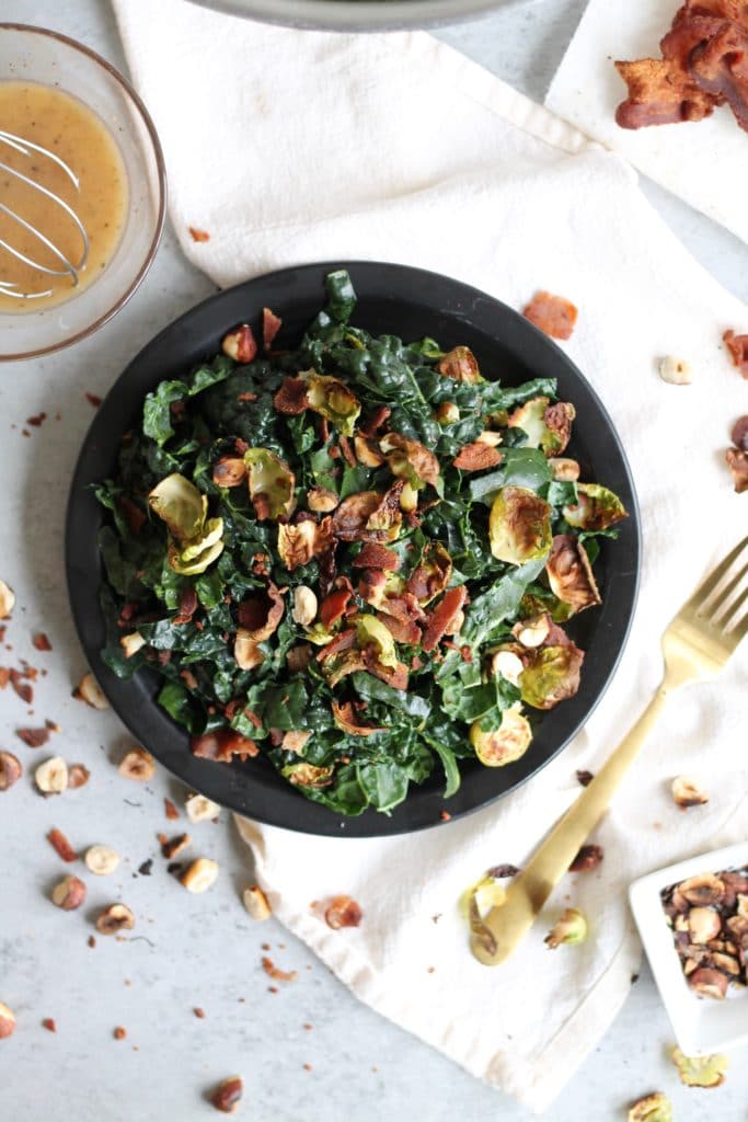 Crispy Brussels Kale Salad with Maple Bacon Dressing and Toasted Hazelnuts