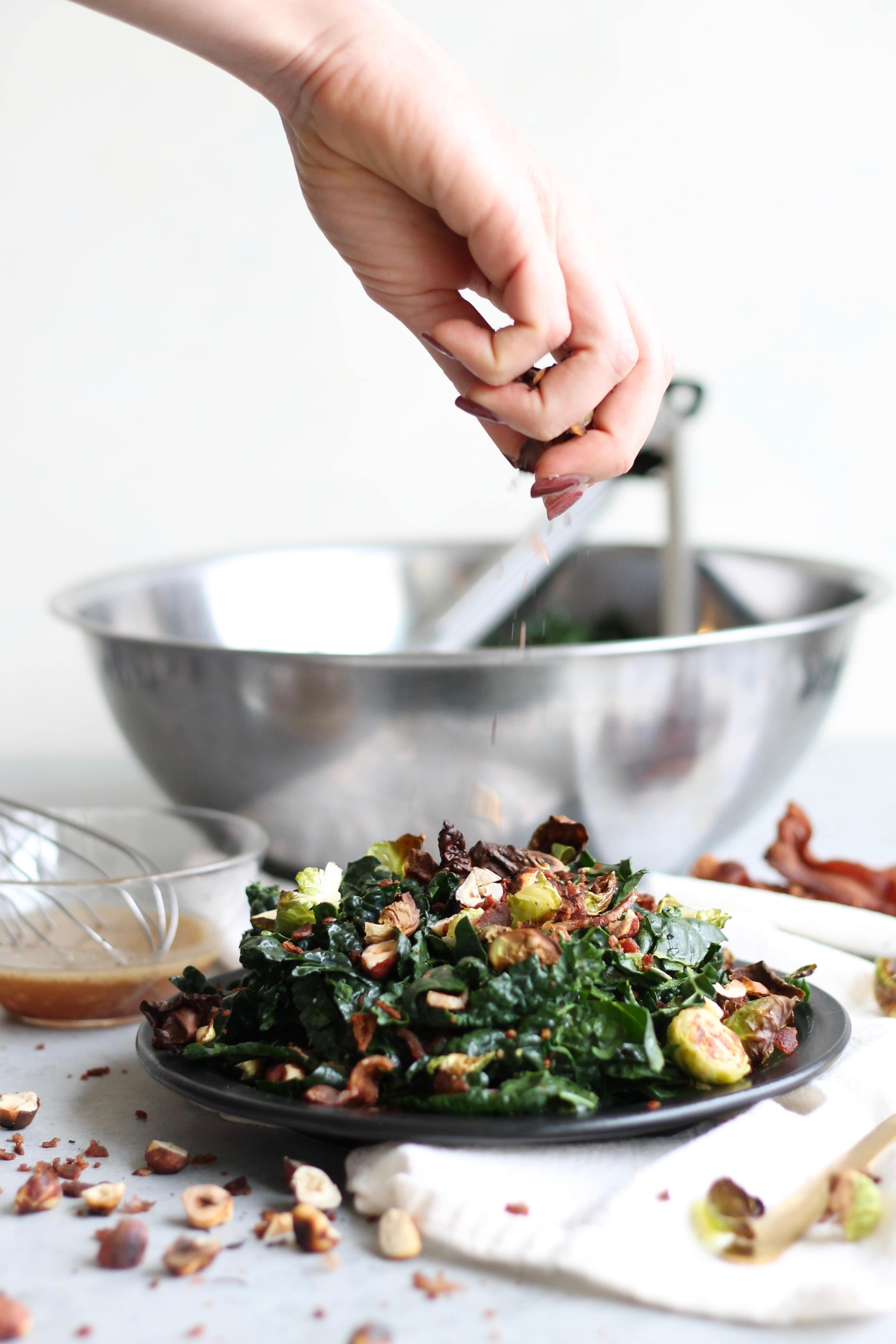 Crispy Brussels Kale Salad with Maple Bacon Dressing and Toasted Hazelnuts