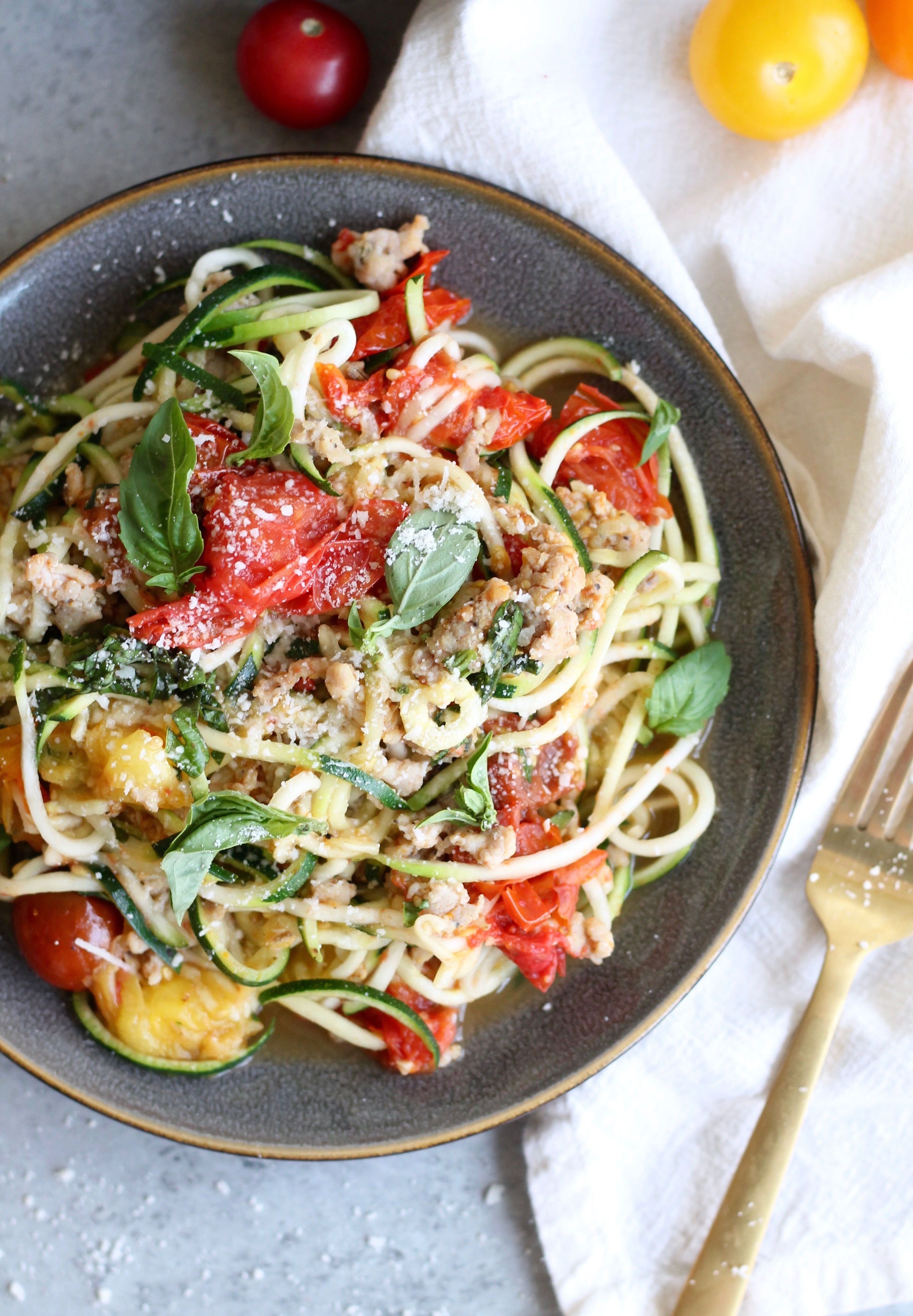 Garlic Roasted Tomato Chicken Sausage Zucchini Noodles
