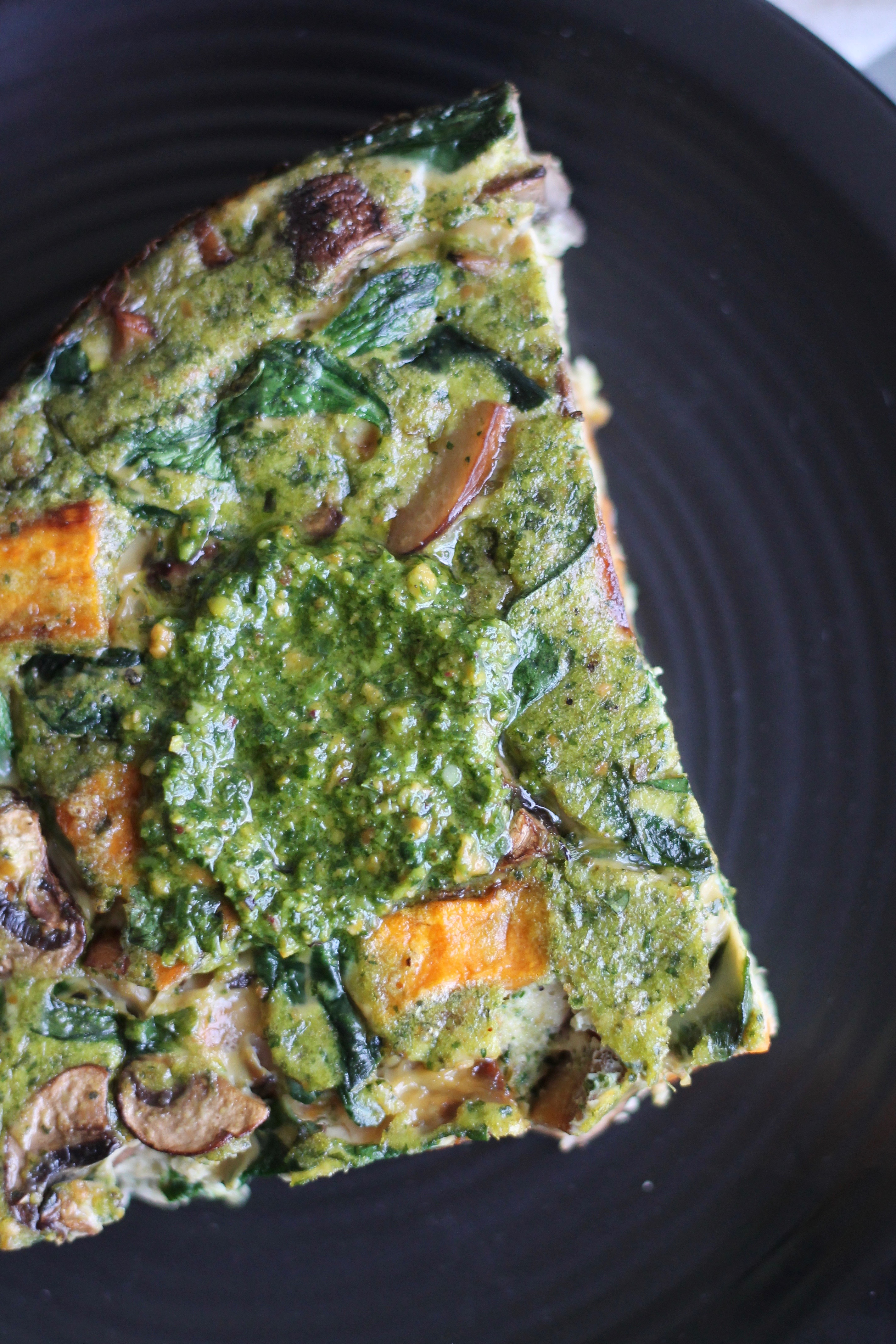 Pesto Mushroom Sweet Potato Spinach Frittata