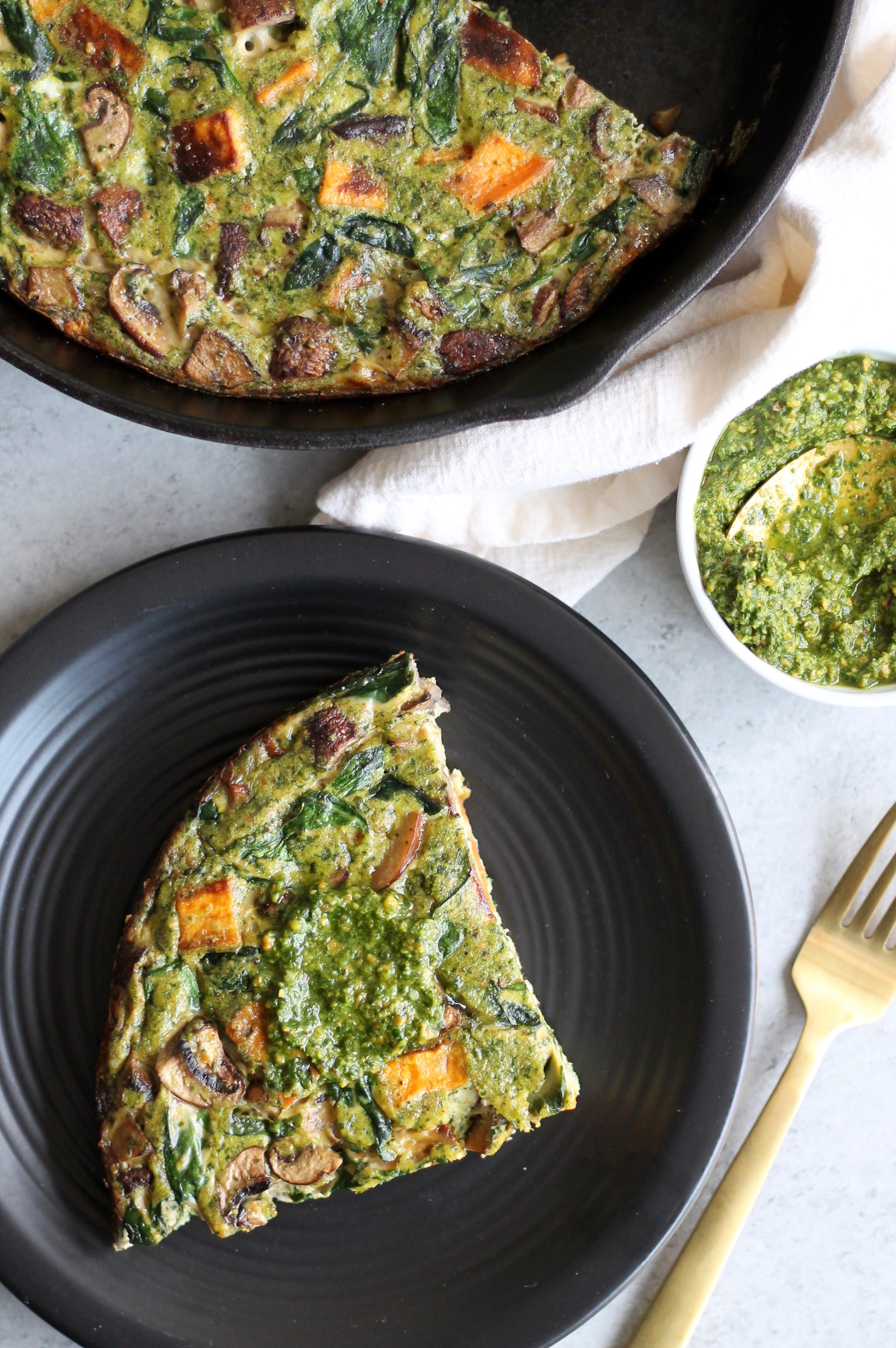 Pesto Mushroom Sweet Potato Spinach Frittata