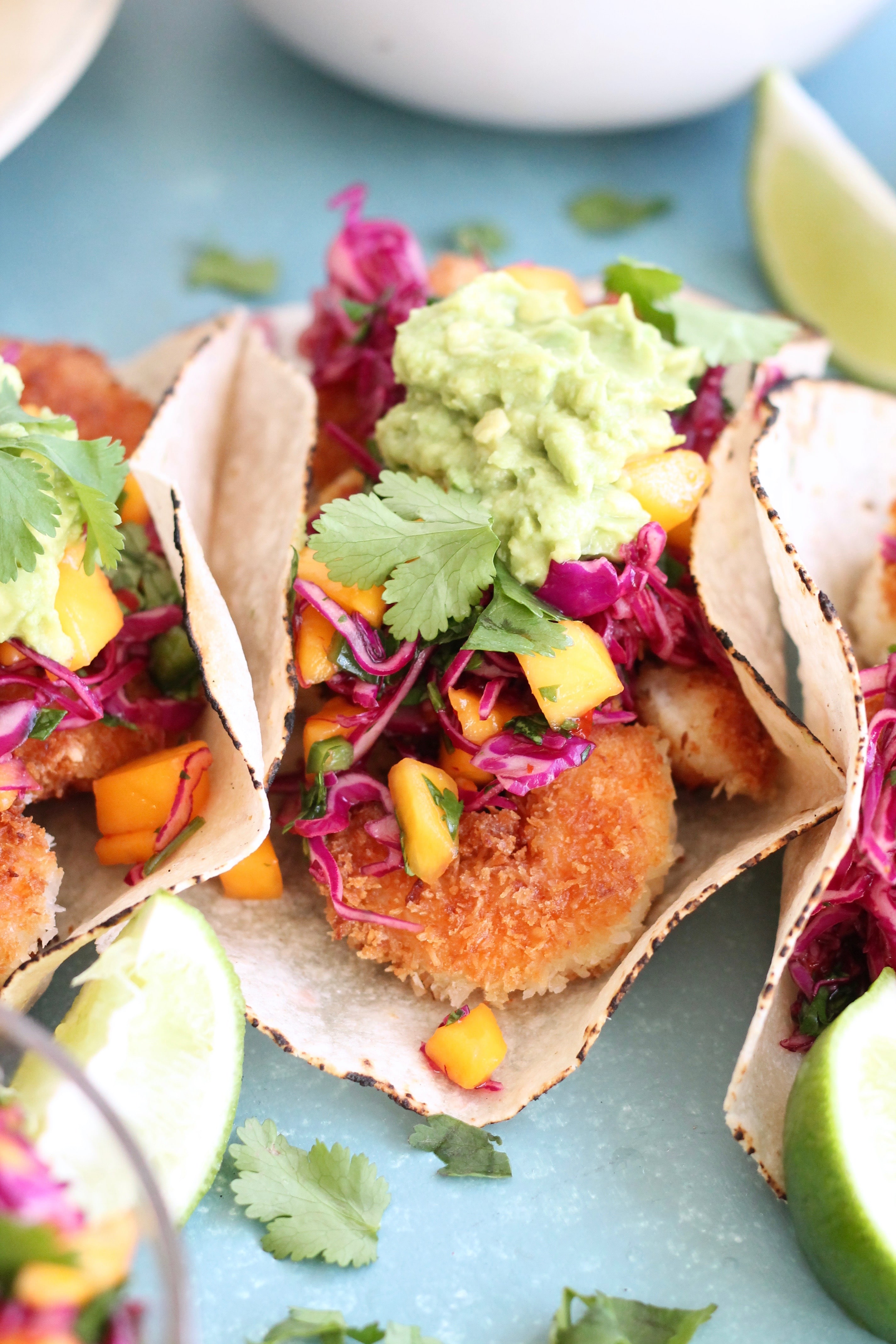 Crispy Coconut Shrimp Tacos with Mango Sweet Chili Slaw