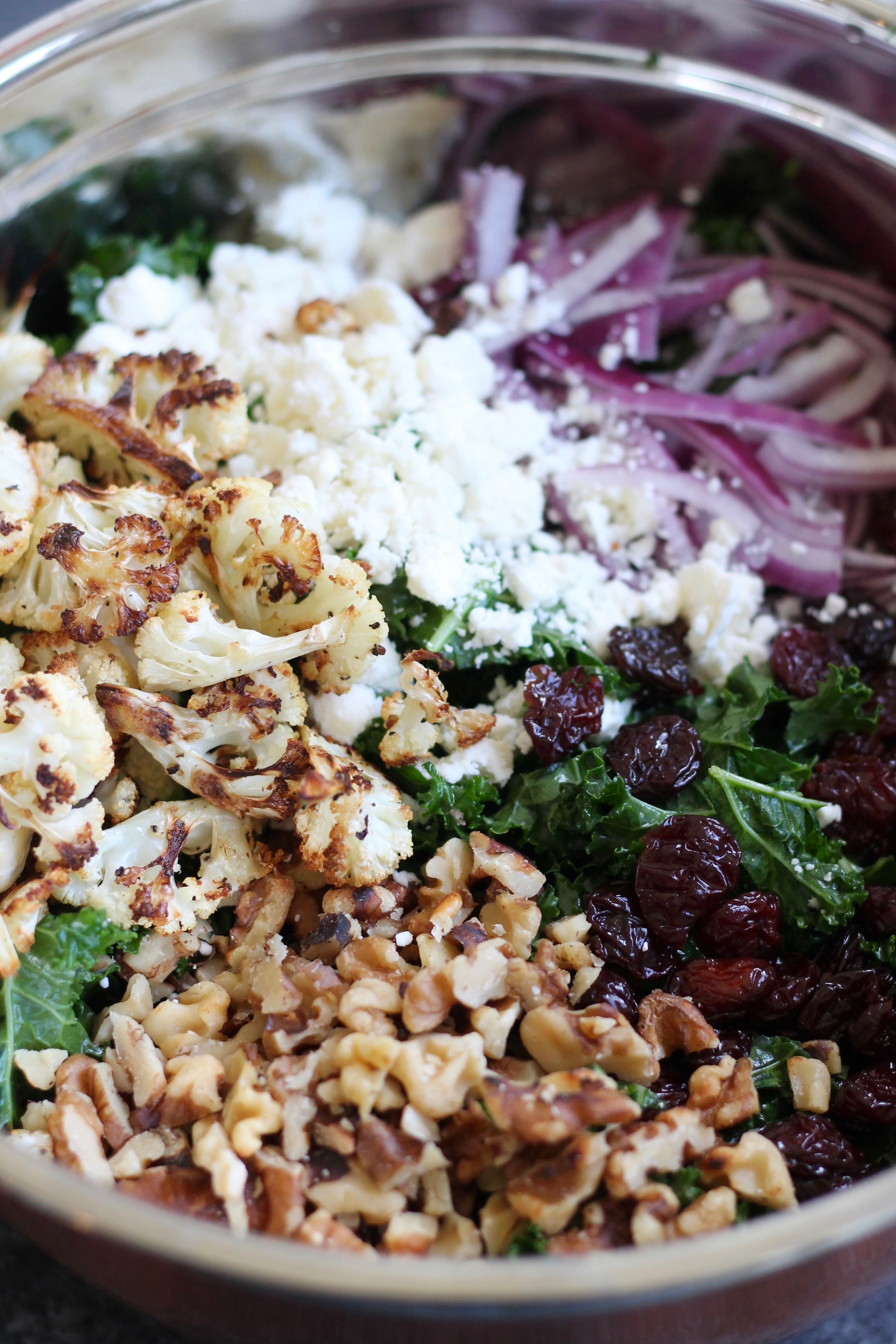 Roasted Cauliflower Kale Salad with Dried Cherries, Walnuts, and Feta