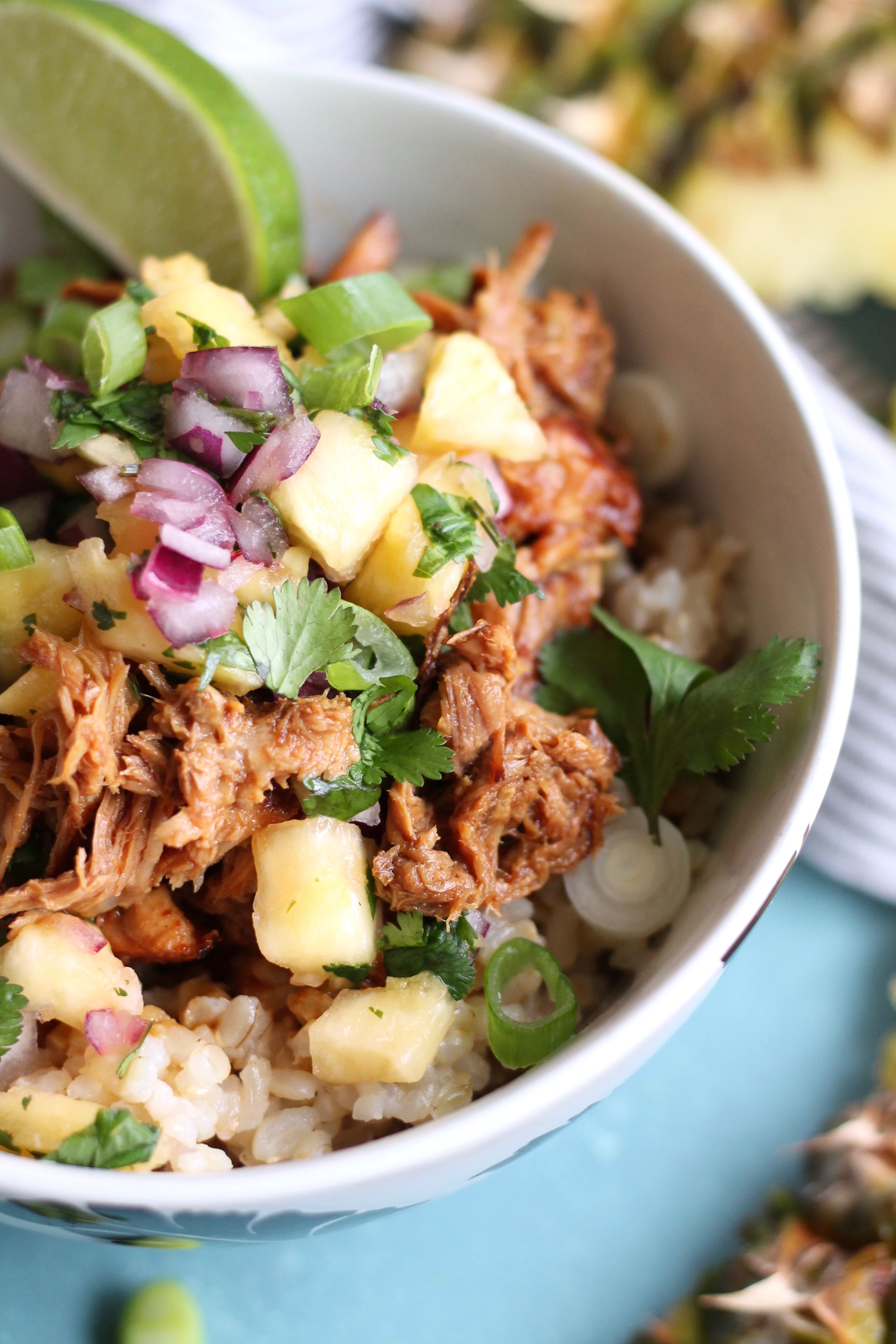 Hawaiian Pulled Pork Rice Bowls with Pineapple Salsa