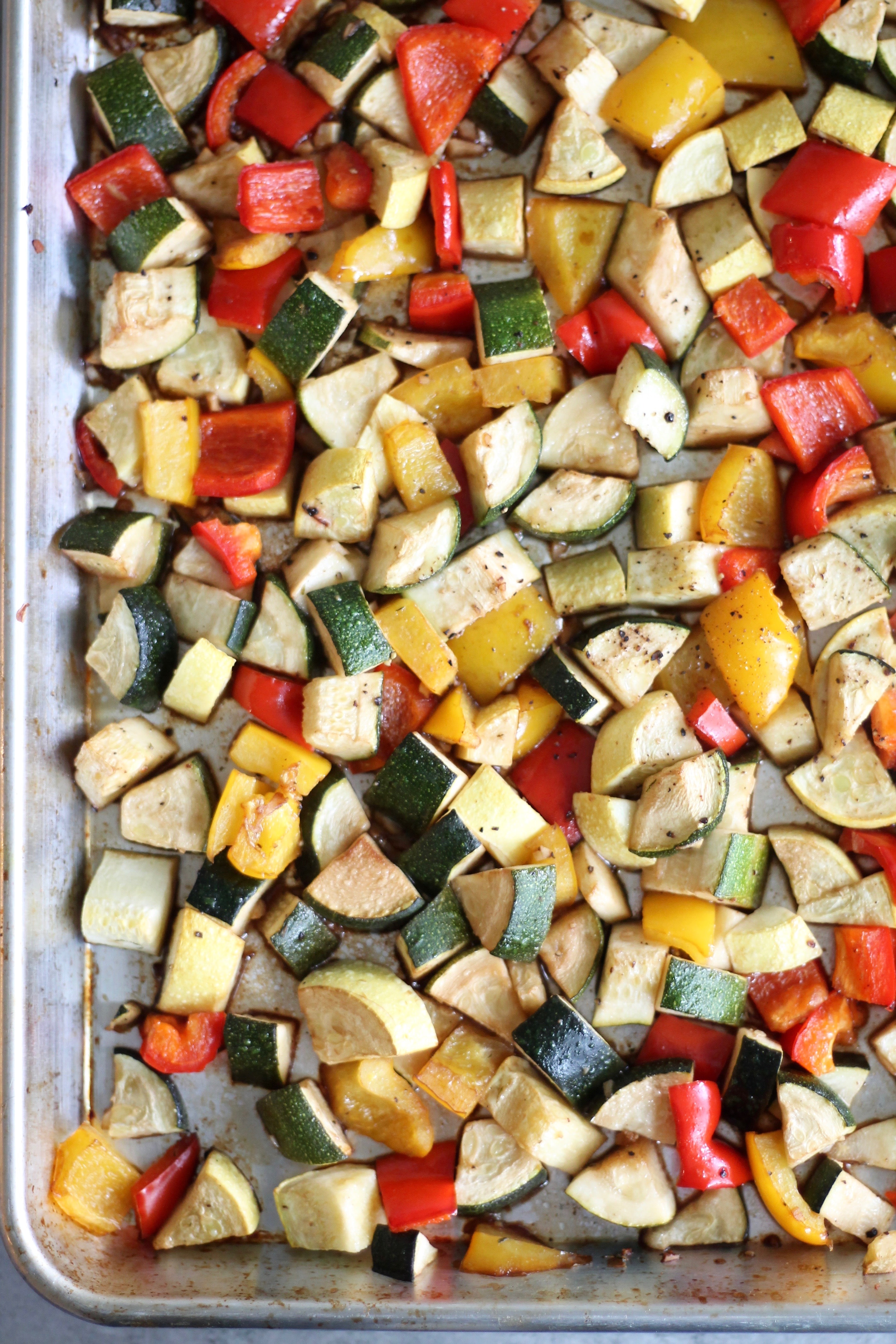 Balsamic Roasted Veggie Quinoa Salad with Feta, Arugula, and Basil