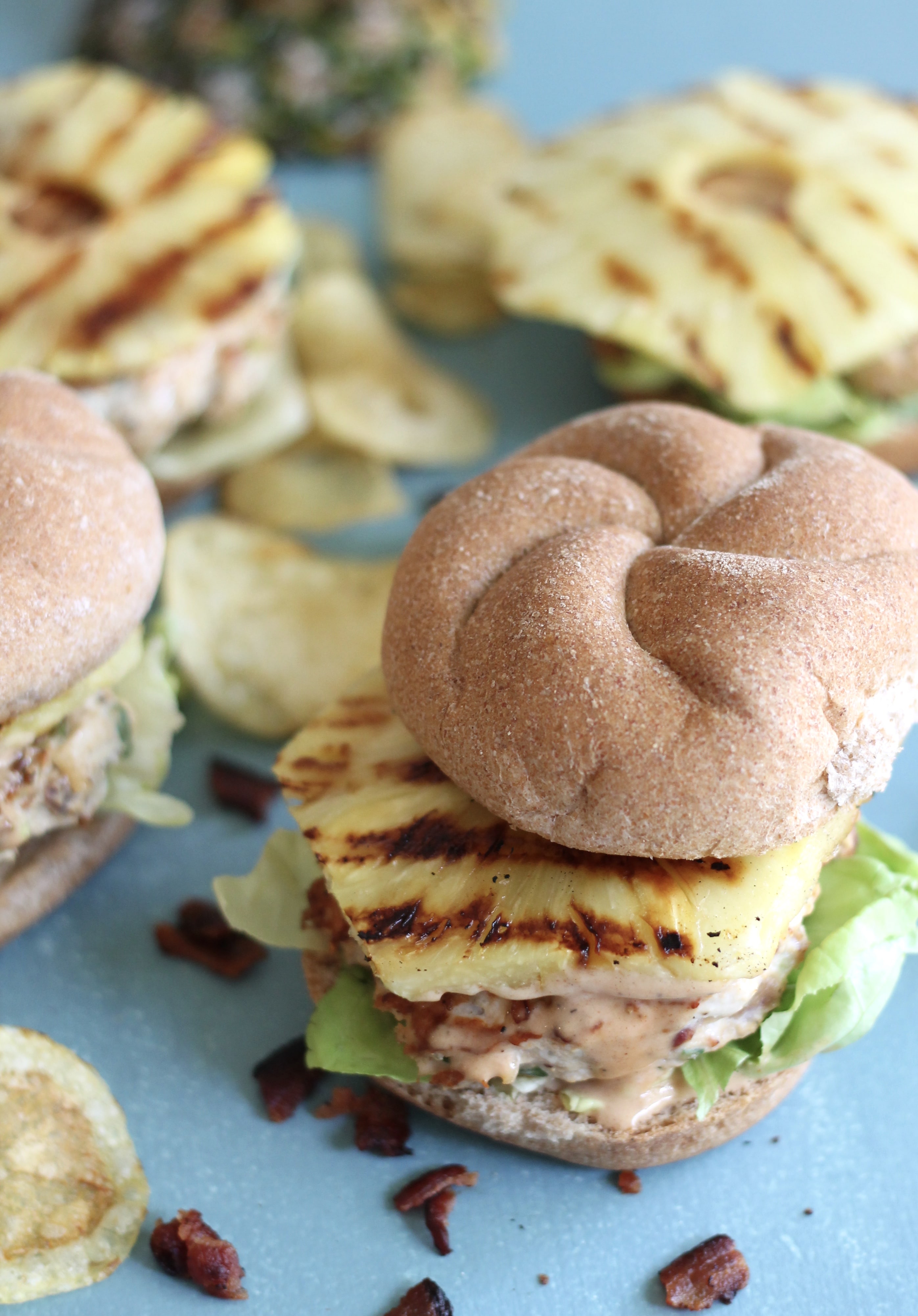 Grilled Pineapple Bacon Chicken Burgers with BBQ Mayo