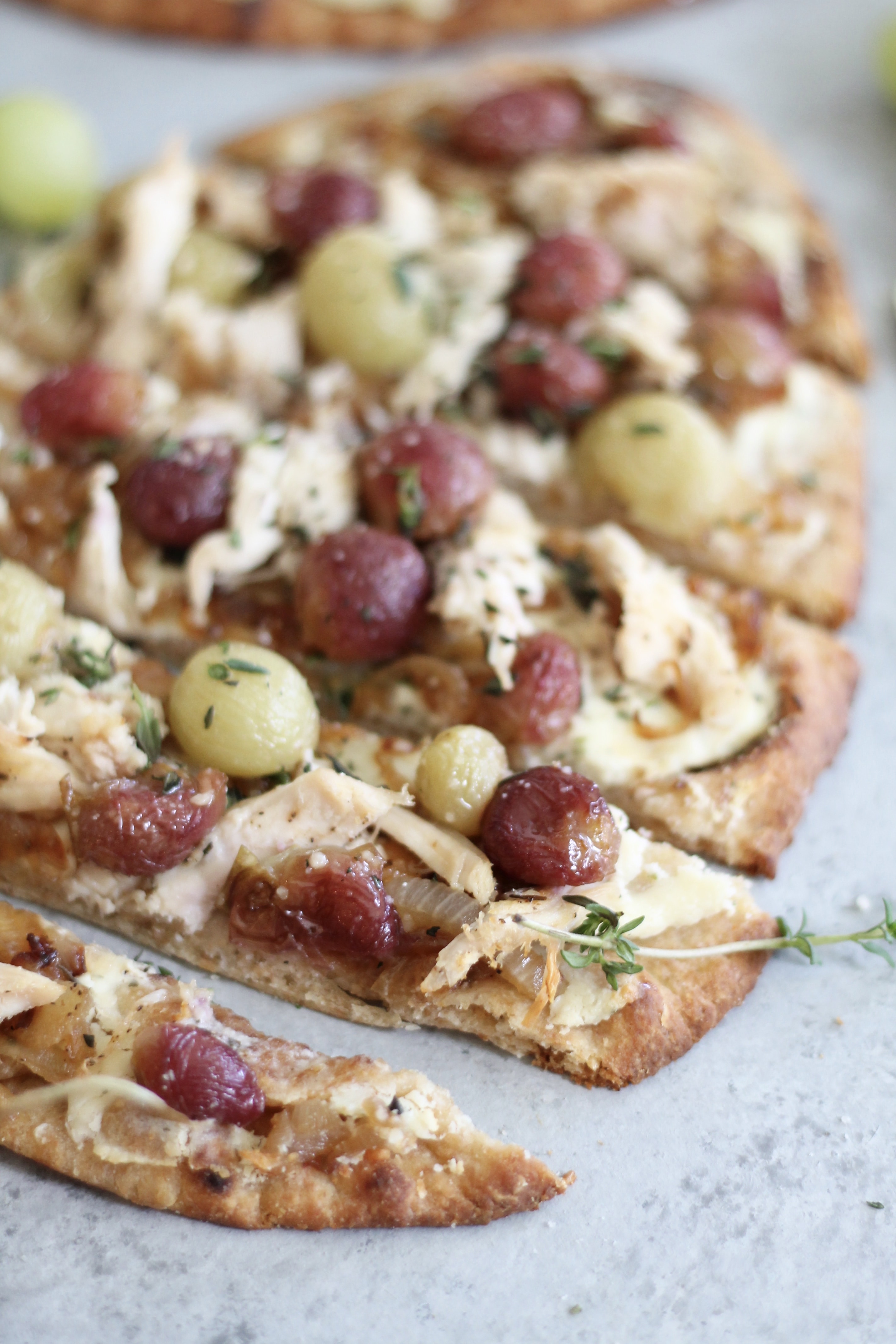 Roasted Grape Caramelized Onion Chicken Flatbreads with Garlic Herb Cheese