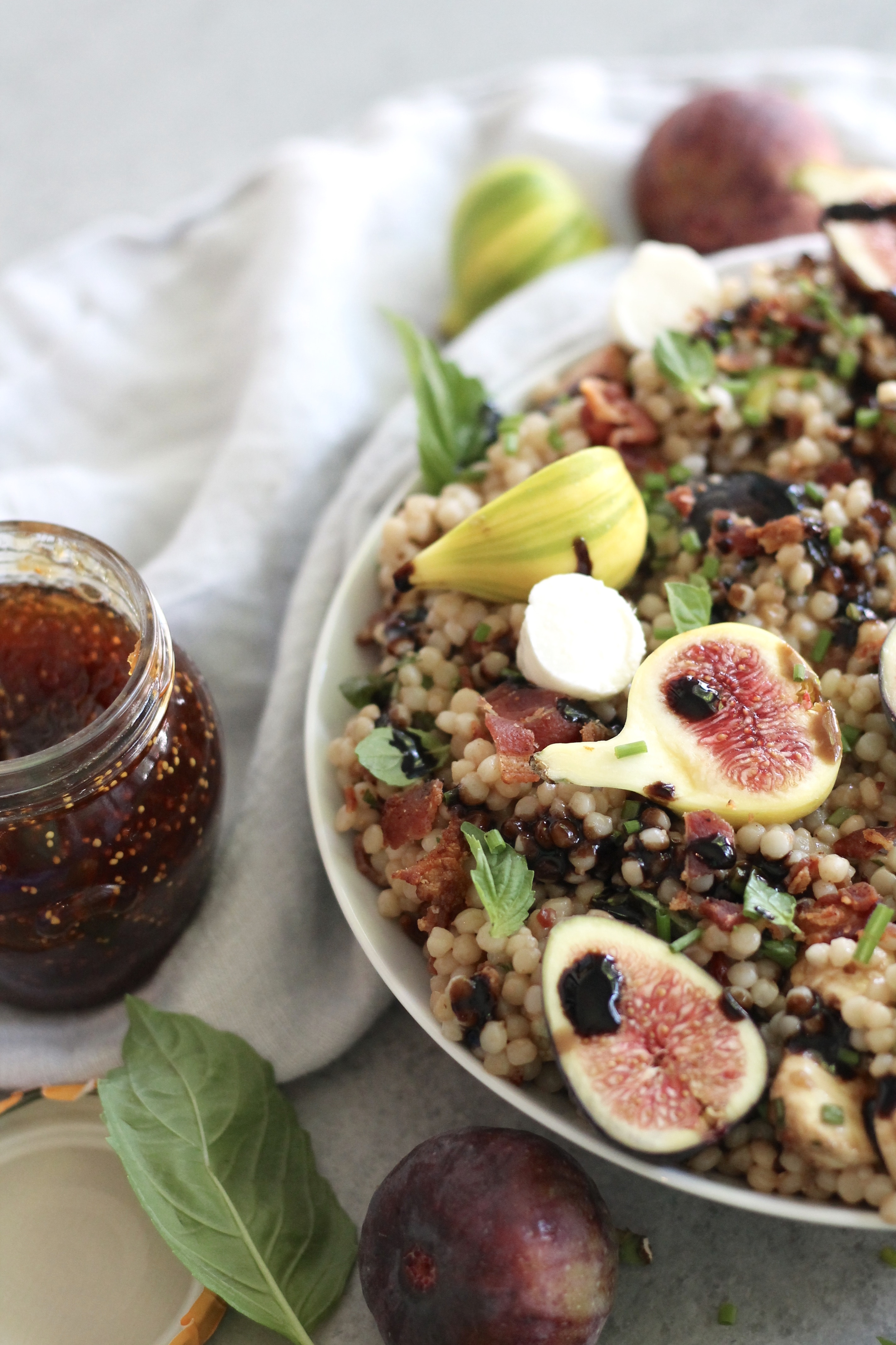 Fig Bacon Couscous Salad with Mozzarella, Basil, Chives, and Balsamic