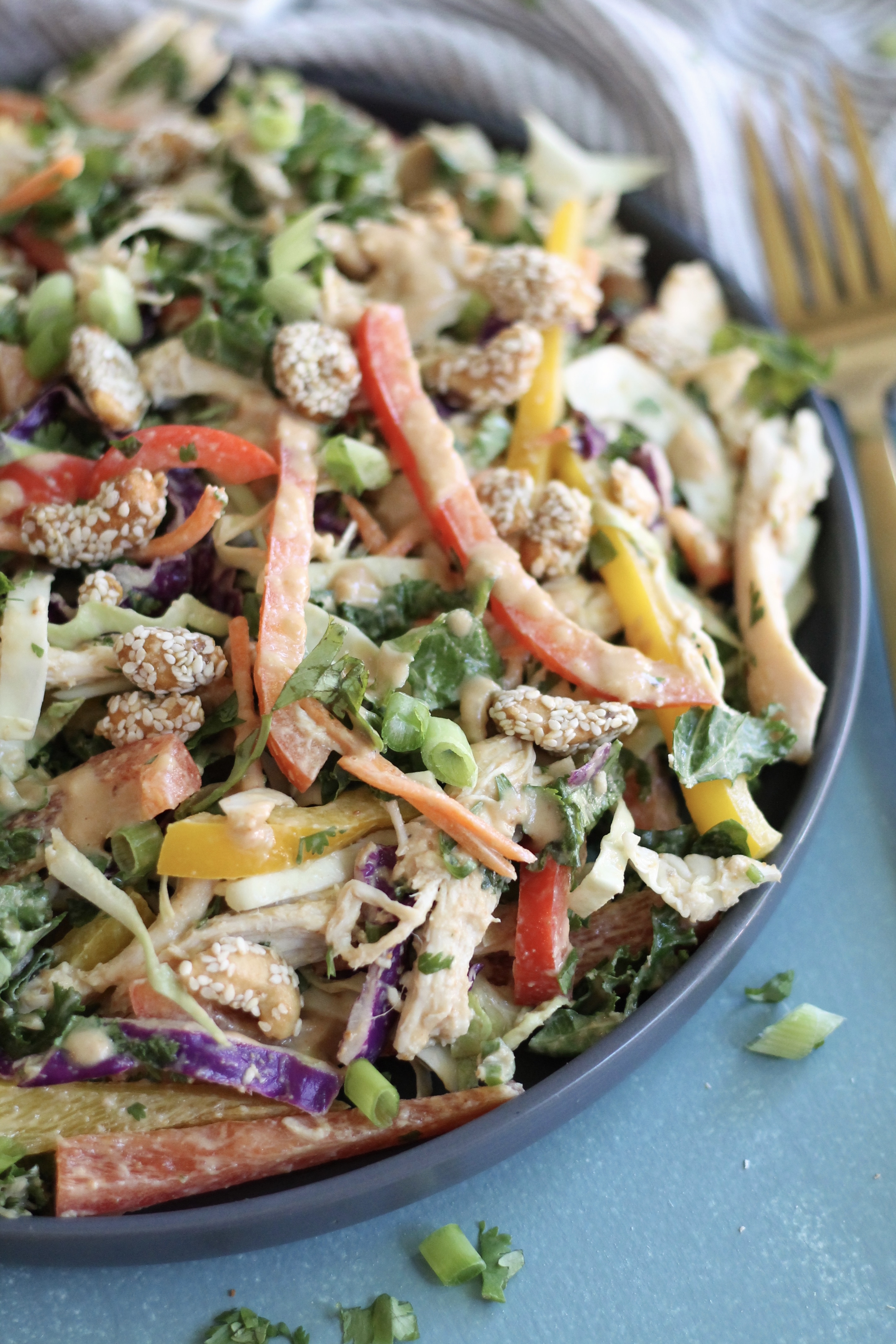 Asian Sesame Slaw Salad with Chicken and Cashew Ginger Dressing