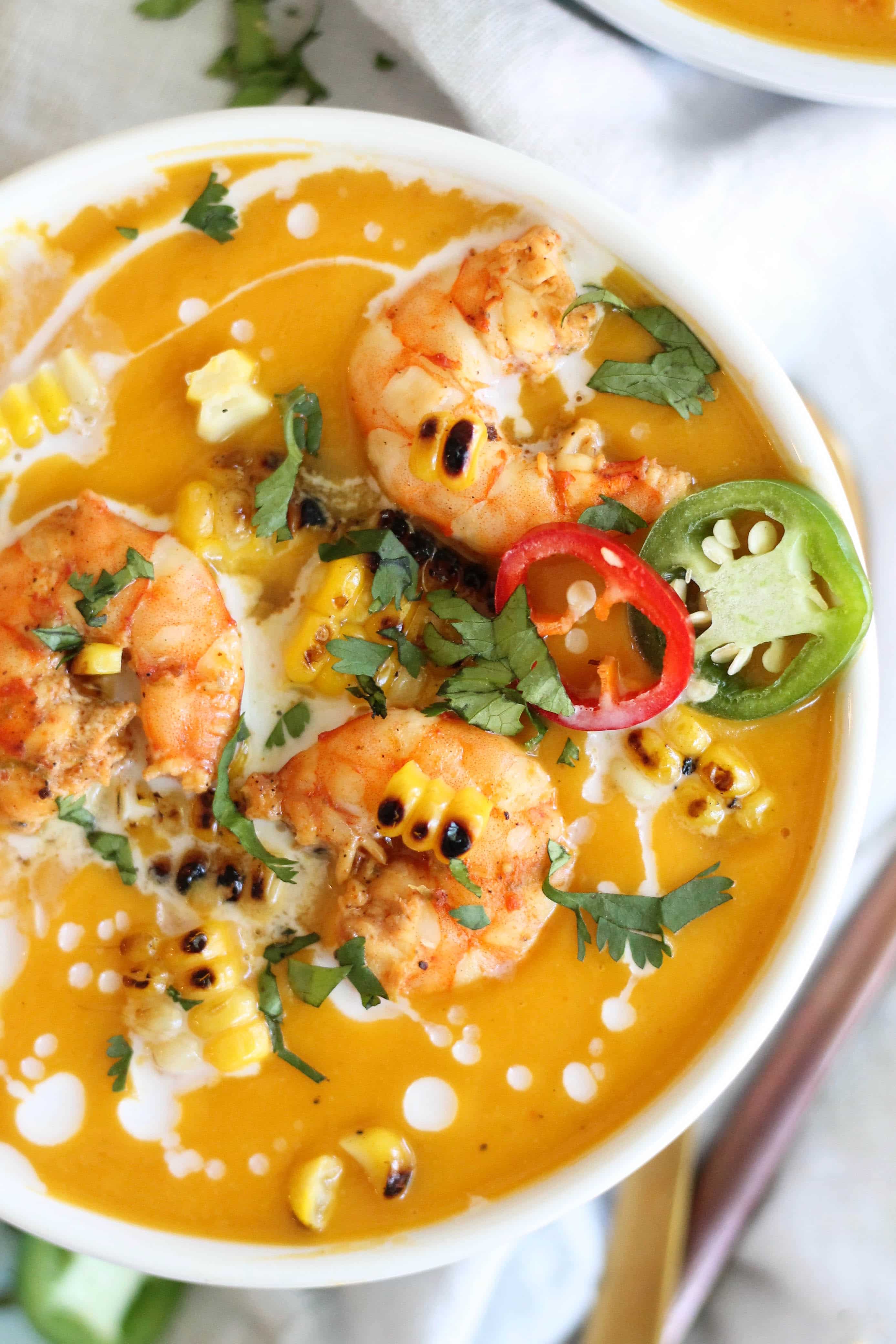 Chipotle Butternut Squash Soup with Grilled Corn and Chili Lime Shrimp