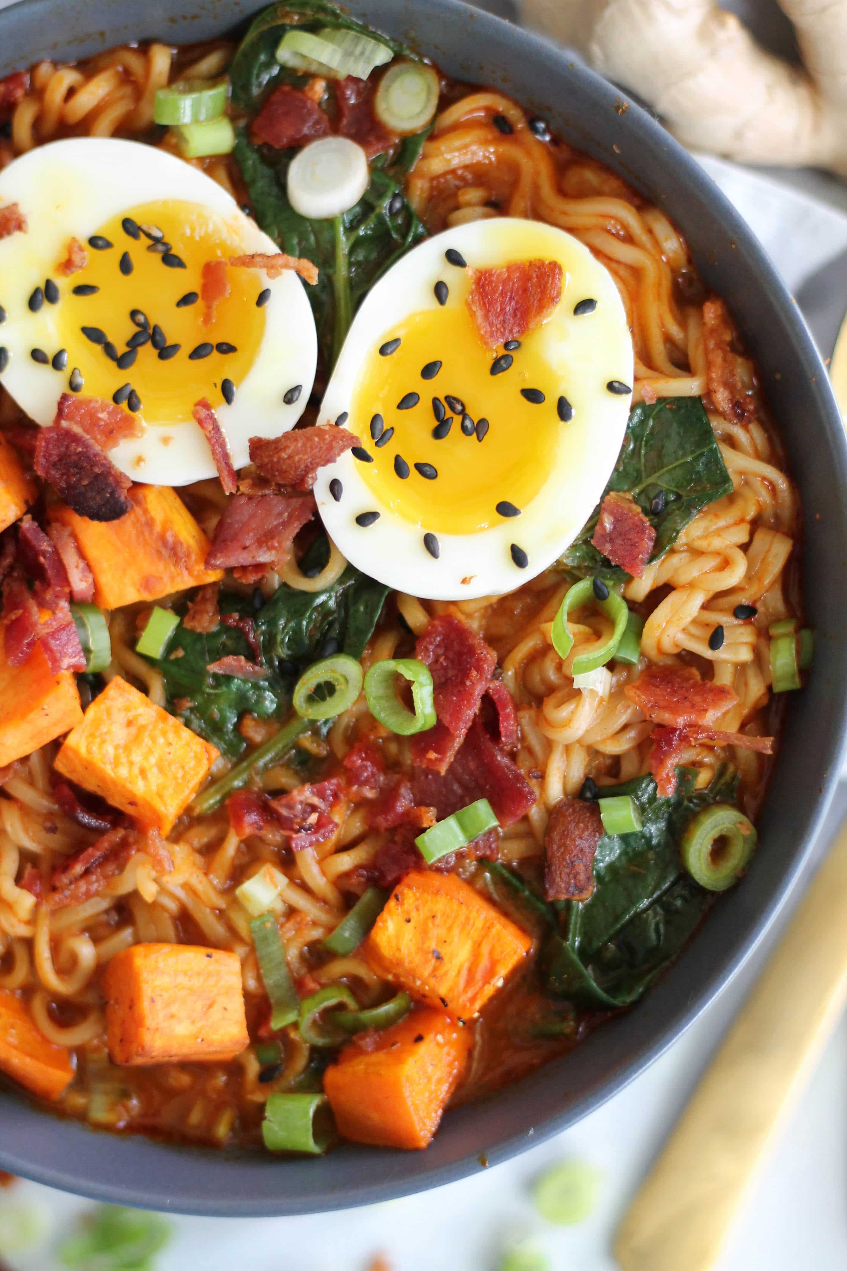 Roasted Sweet Potato Bacon Red Curry Ramen