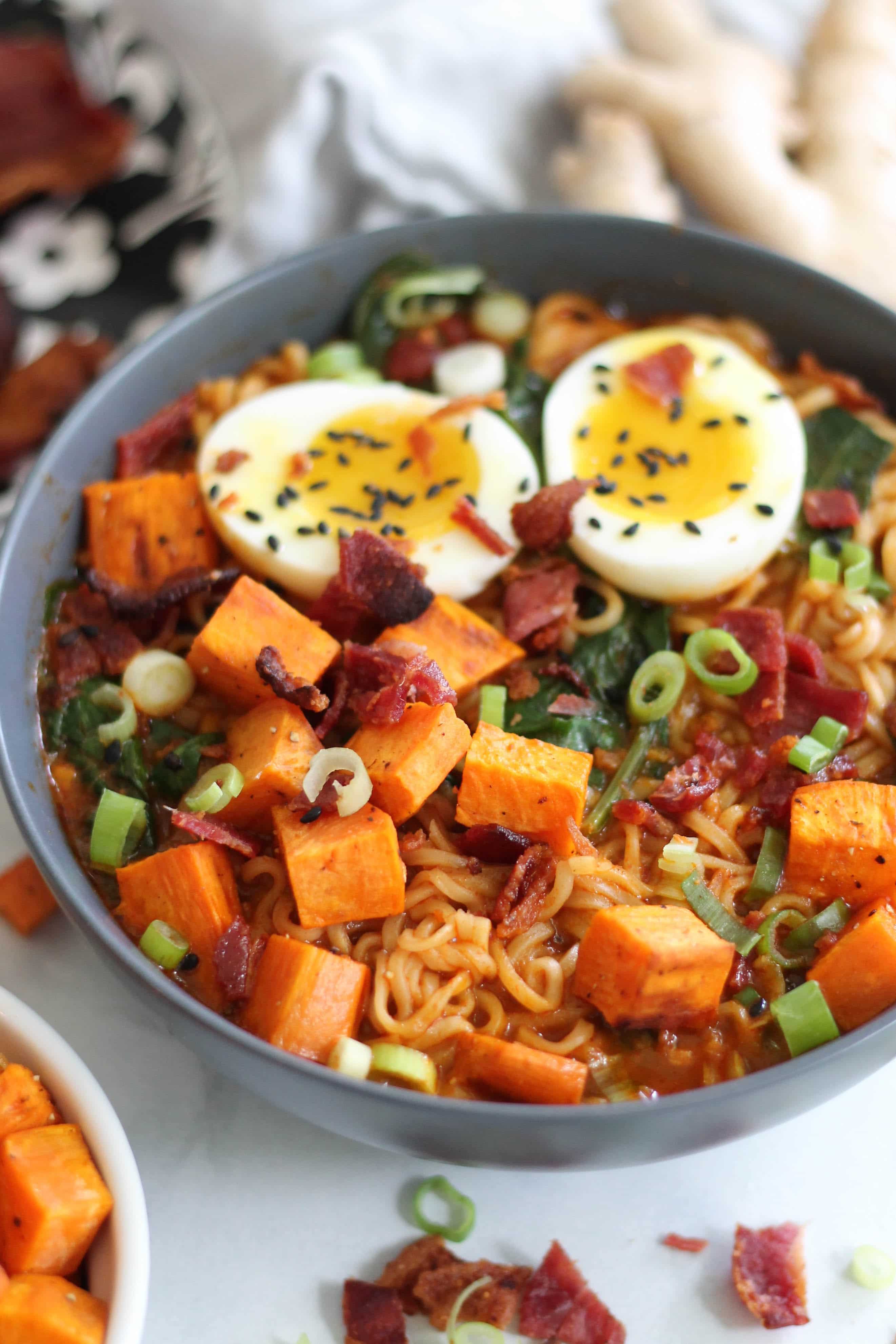 Roasted Sweet Potato Bacon Red Curry Ramen