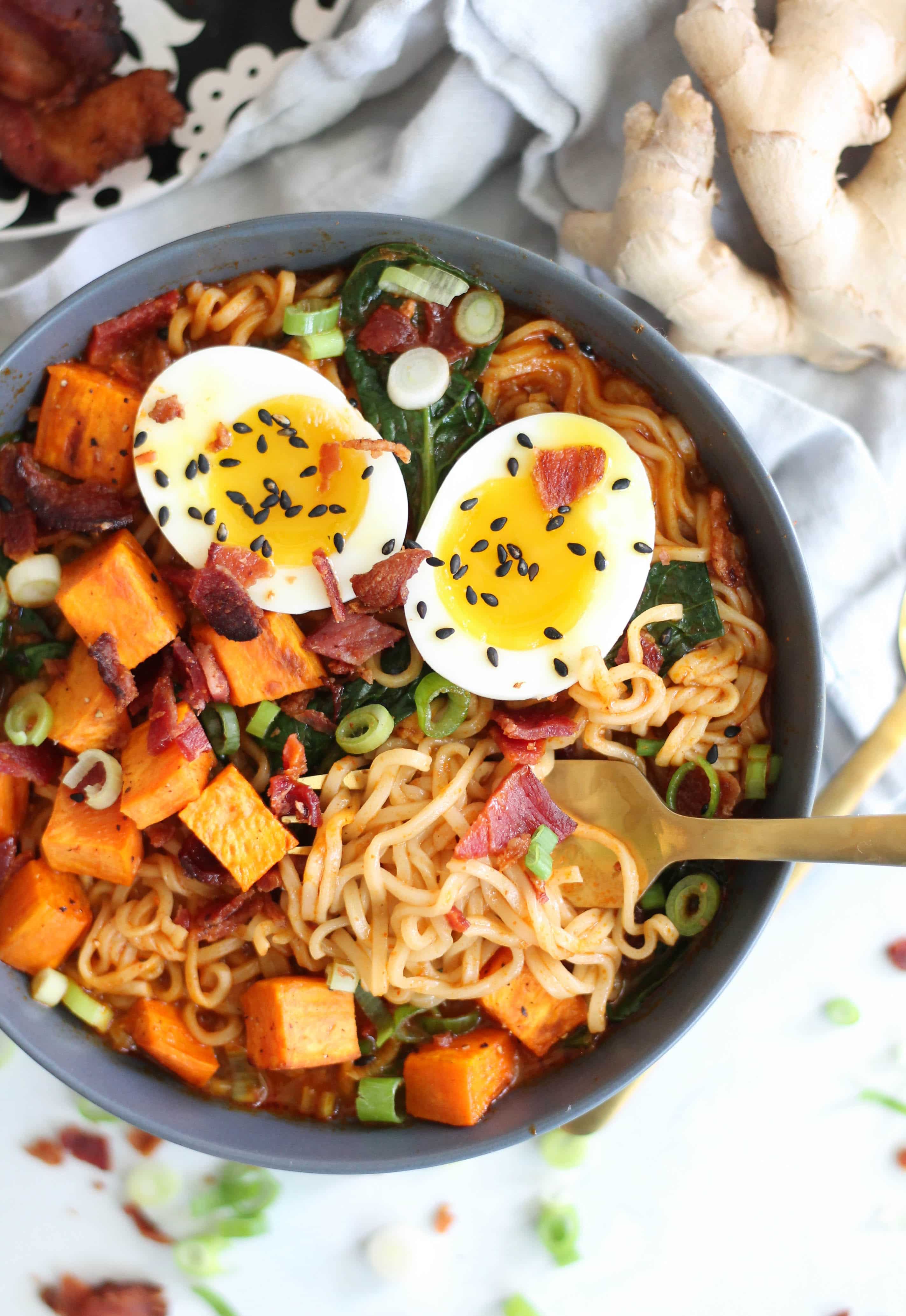 Roasted Sweet Potato Bacon Red Curry Ramen