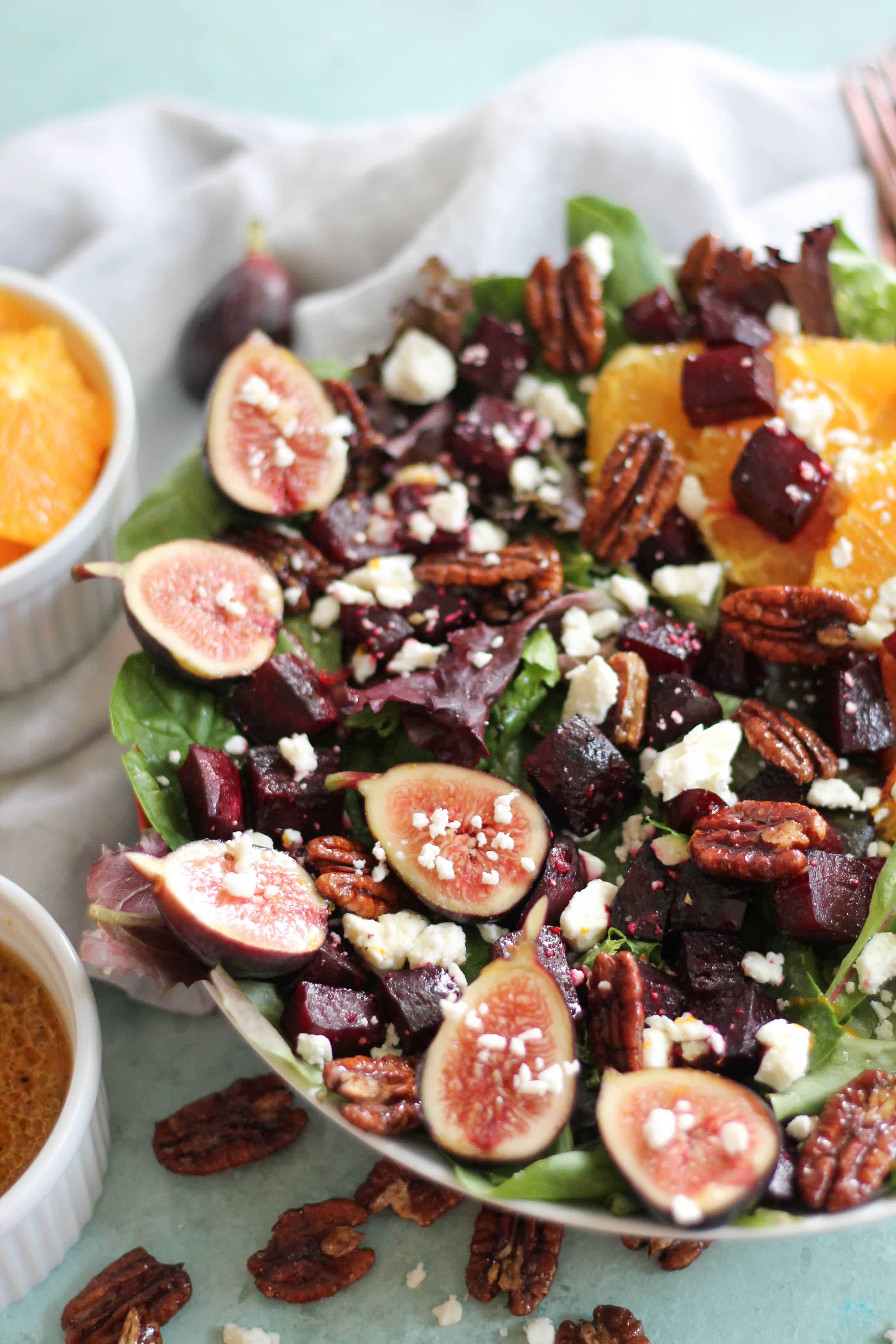 Beet Salad with Figs, Feta, Quick Candied Pecans, and Maple Orange Dressing