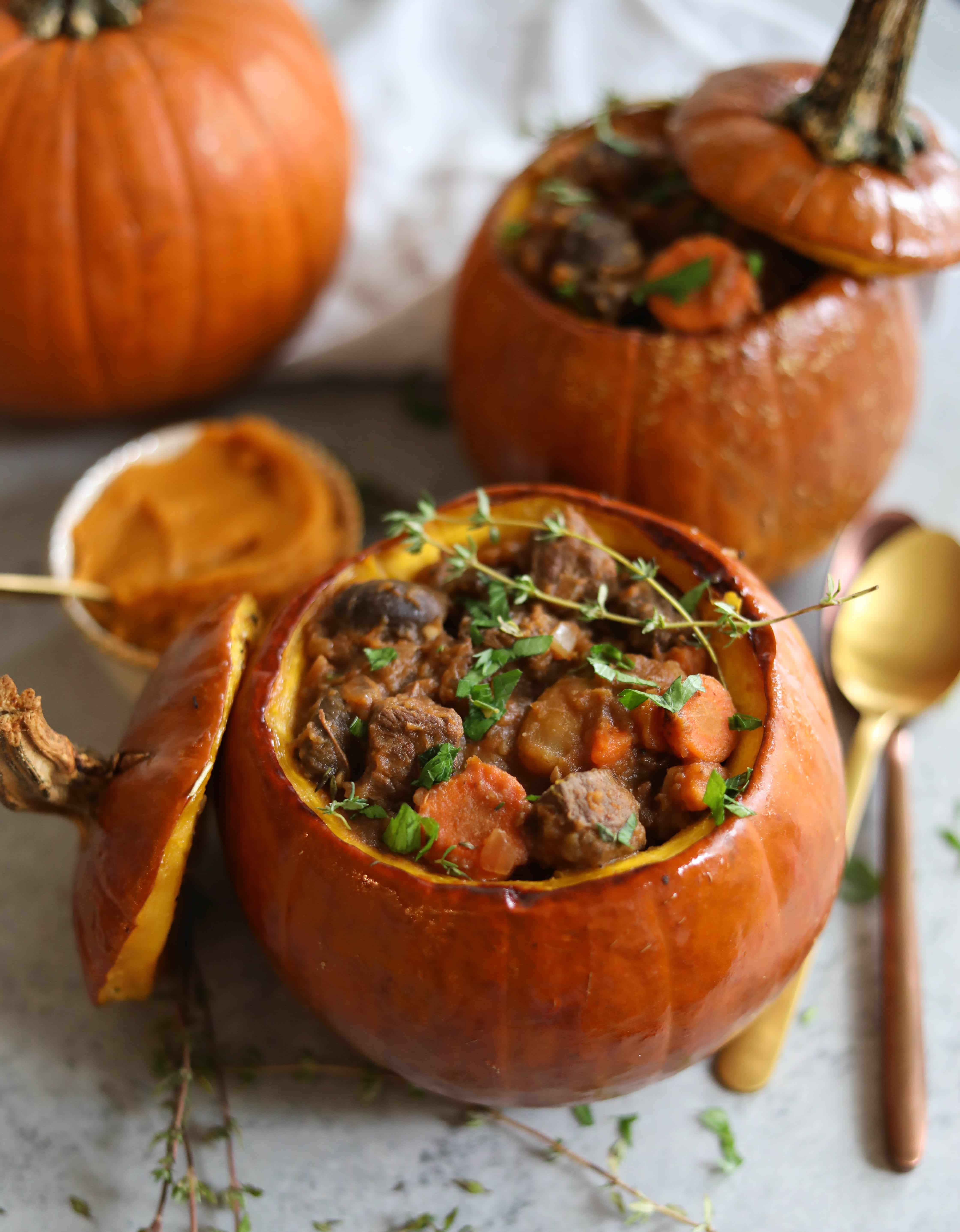 Slow Cooker Pumpkin Beef Stew (served inside roasted sugar pumpkins!)