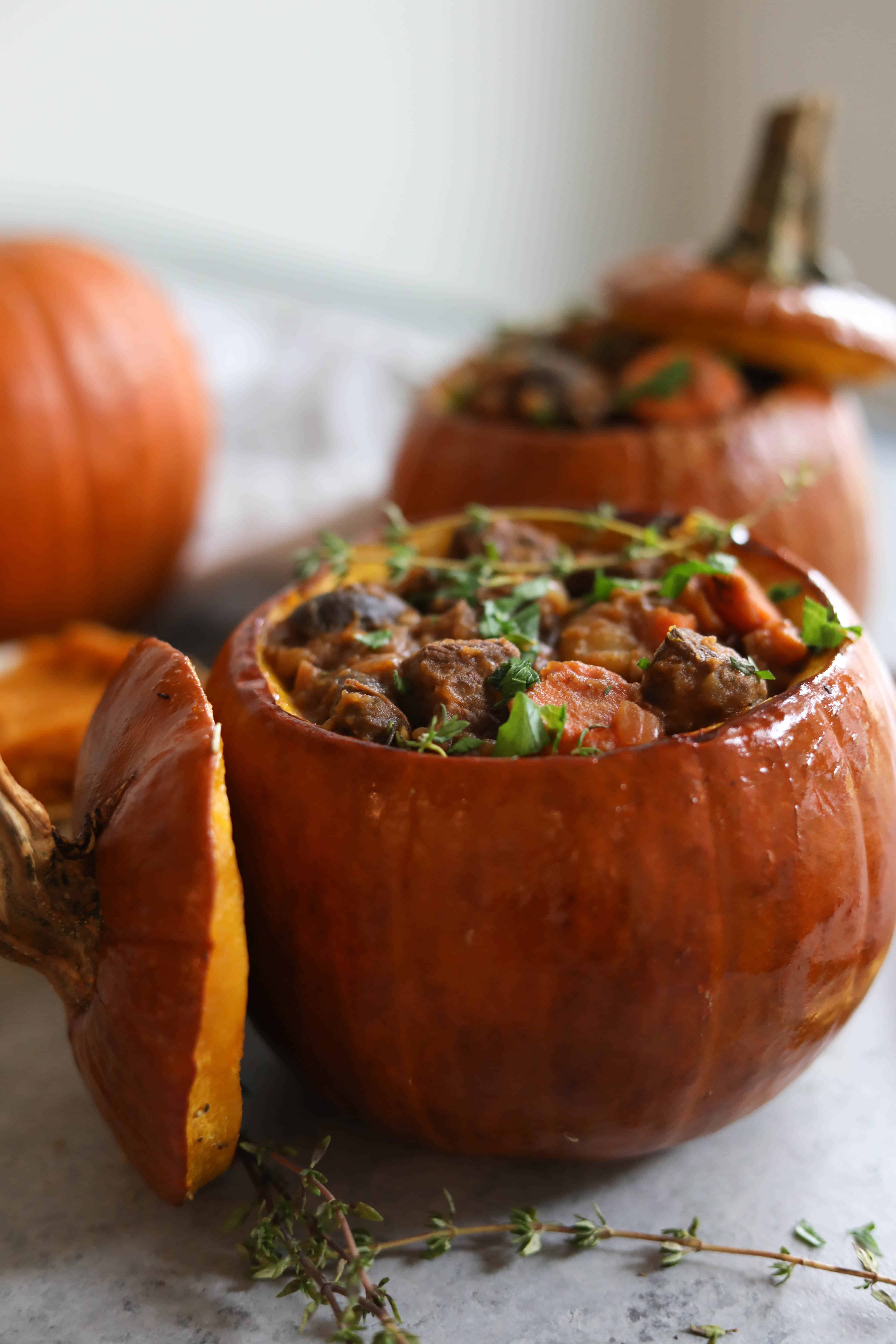 Slow Cooker Pumpkin Beef Stew (served inside roasted sugar pumpkins!)