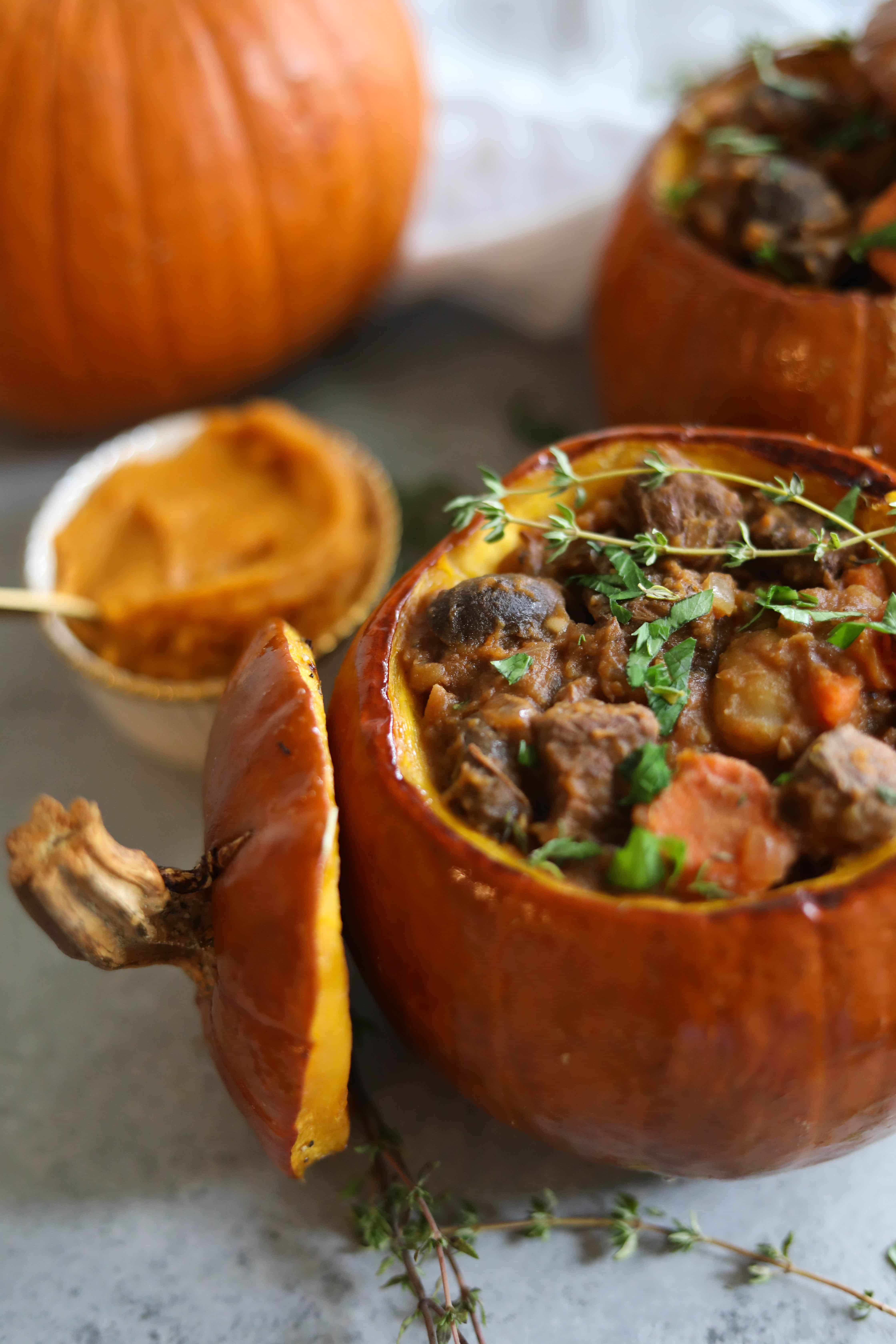 Slow Cooker Pumpkin Beef Stew (served inside roasted sugar