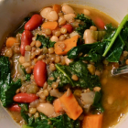 Kale and Green Lentil Soup with Spicy Roasted Sweet Potatoes