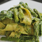 Pappardelle with Pistachio Pea Pesto, Asparagus, and Spinach