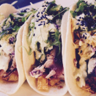 Seared Tuna Tacos with Crunchy Wontons, Green Onion Jalapeño Slaw, Seaweed Salad + Two Yummy Sauces!