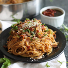 One Pot Lightened Up Creamy Sundried Tomato and Bacon Pasta