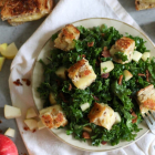 Apple Bacon Kale Salad with Brie Cheddar Grilled Cheese Croutons