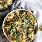 Creamy Pappardelle with Pancetta, Peas, Spinach and Shallot Crisps