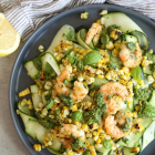 Grilled Corn and Zucchini Salad with Shrimp and Kale Pistachio Pesto