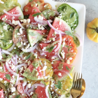 Heirloom Tomato Watermelon Salad with Feta, Red Onion, and Herb Vinaigrette