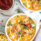 Chipotle Butternut Squash Soup with Grilled Corn and Chili Lime Shrimp
