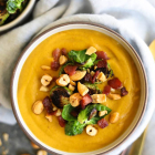Creamy Butternut Squash Pumpkin Cashew Soup with Crispy Brussels and Bacon