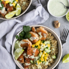 Coconut Shrimp Quinoa Bowls with Mango Salsa and Lemongrass Sauce