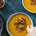 Creamy Sweet Potato Soup with Bacon and Maple Pecan Crunch